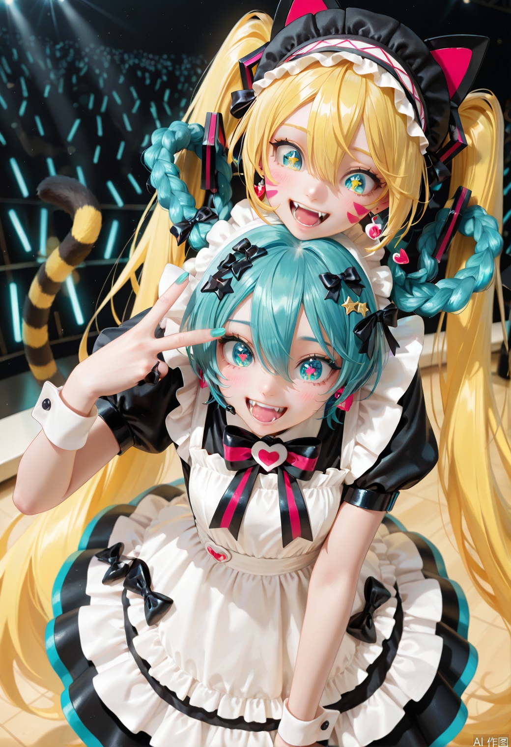 Girl, solo, long hair, looking at the audience, smiling, open mouth, bangs, hat, skirt, bow, hair between eyes, double tail braid, blue hair, short sleeves, heart, earrings, teeth, tongue, stripes, puffy sleeves, tongue, star, nail polish, star eyes, apron, puffy short sleeves, wrist cuffs,Symbol-shaped learning Raw,v, black headdress, water yellow hair, fangs, waist skirt, white apron,Hatsune Miku, maid skirt, look down