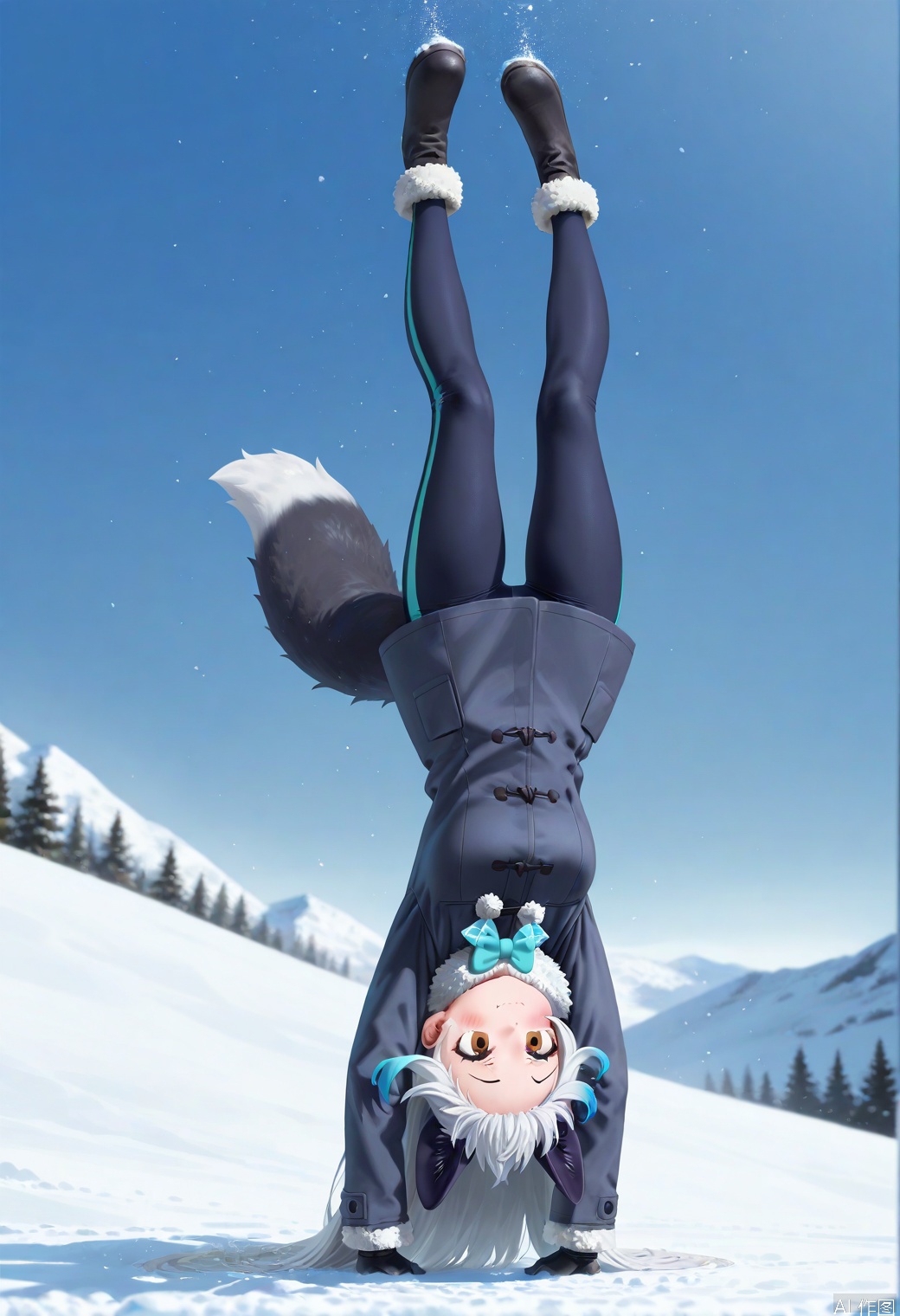 1 girl,kemono friends,gingitune,masterpiece, best quality, amazing quality, upside down,sticking my face in the snow, A cute anime-style silver fox girl diving headfirst into snow, silver-white long hair flowing upward, fluffy black fox ears and tail, wearing navy blue winter coat with fur trim and bow tie, black gloves and leggings, amber eyes with playful expression, only legs visible above snow as she dives in hunting pose, snowy mountain background with bright blue winter sky, snow particles flying around the diving scene,snowdive,foxdive