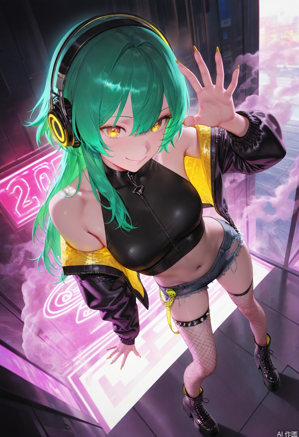 From a high angle view, green hair with spiked strands glowing at the tips, an ultra-detailed 8K masterpiece, charismatic punk-rock, magnificent confidence, wild yellow eyes, futuristic Neon-accented headphones connected with her walkman in her leg, she stands up agressively, her ripped denim black outside and pink inside jacket are slipping off one shoulder, black crop top, with claw-like nails, ripped denim shorts, Below her fishnet-clad legs, platform boots, Background smoke, an electric atmosphere around her, Pose confident smile, stand-up pose,best_quality,masterpiece,newest,year 2024,year 2023,very aesthetic,absurdres,impactful picture,offcial art,movie perspective,(aos:1),(fajyobore:0.5),(chiaroscuro:1),