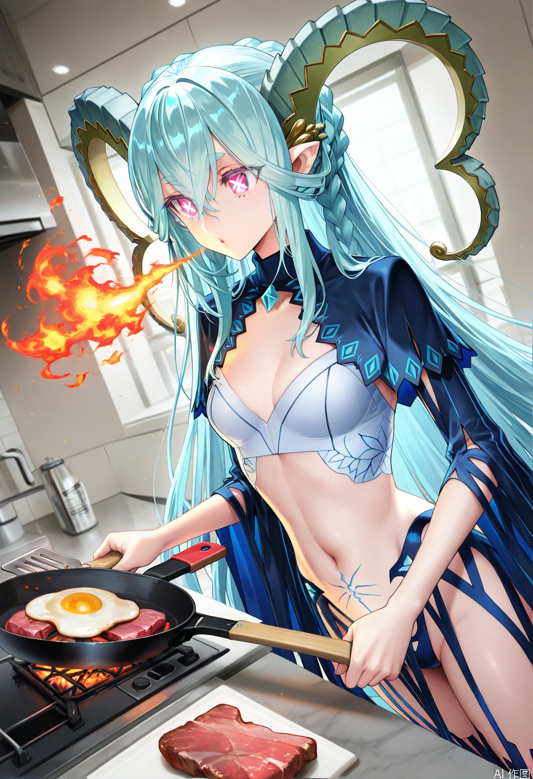  larva tiamat \(third ascension\) \(fate\), fate/grand order, 1girl, curled horns, pointy ears, long horns, hair on horn, hair between eyes, pink eyes, symbol-shaped pupils, x-shaped pupils, very long hair, aqua hair, blue hair, braid, sidelocks, thighs, navel, stomach tattoo, thighhighs, blue shirt, crop top, shrug \(clothing\), no gloves, cooking, spatula, frying pan, meat, fried egg, vegetable, (blowing, breathing fire, flame, burning,:1.1) perspective, dutch angle, close-up, indoors, kitchen, (redrop:0.7), (wada arco:0.6), (aora:0.5) ,masterpiece,best quality,amazing quality, , epic composition, epic proportion, dynamic angle, , masterpiece,best quality,amazing quality,very aesthetic,absurdres,newest,kawaiiShoujo,perfect hands,OverCute,animepastelz