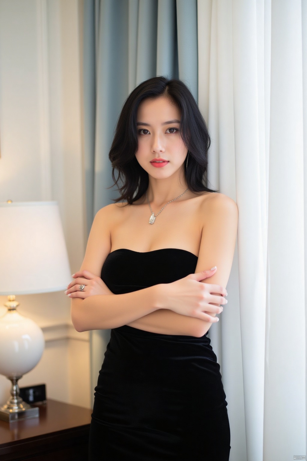 a woman stands with her arms crossed. She is dressed in a black strapless dress, adorned with a silver necklace and earrings. Her hair is styled in a sleek bob, adding a touch of texture to her face. The backdrop is a stark white wall with a light blue curtain draped over it. To the left of the woman, a white lamp is positioned on a black table.