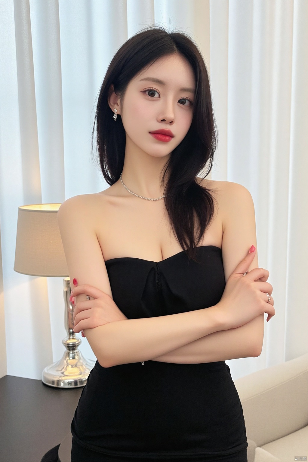 a woman stands with her arms crossed. She is dressed in a black strapless dress, adorned with a silver necklace and earrings. Her hair is styled in a sleek bob, adding a touch of texture to her face. The backdrop is a stark white wall with a light blue curtain draped over it. To the left of the woman, a white lamp is positioned on a black table.