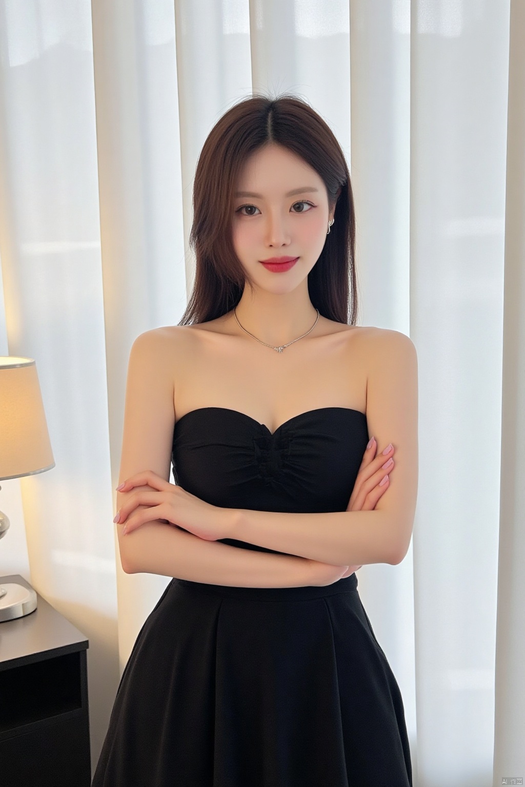 a woman stands with her arms crossed. She is dressed in a black strapless dress, adorned with a silver necklace and earrings. Her hair is styled in a sleek bob, adding a touch of texture to her face. The backdrop is a stark white wall with a light blue curtain draped over it. To the left of the woman, a white lamp is positioned on a black table.