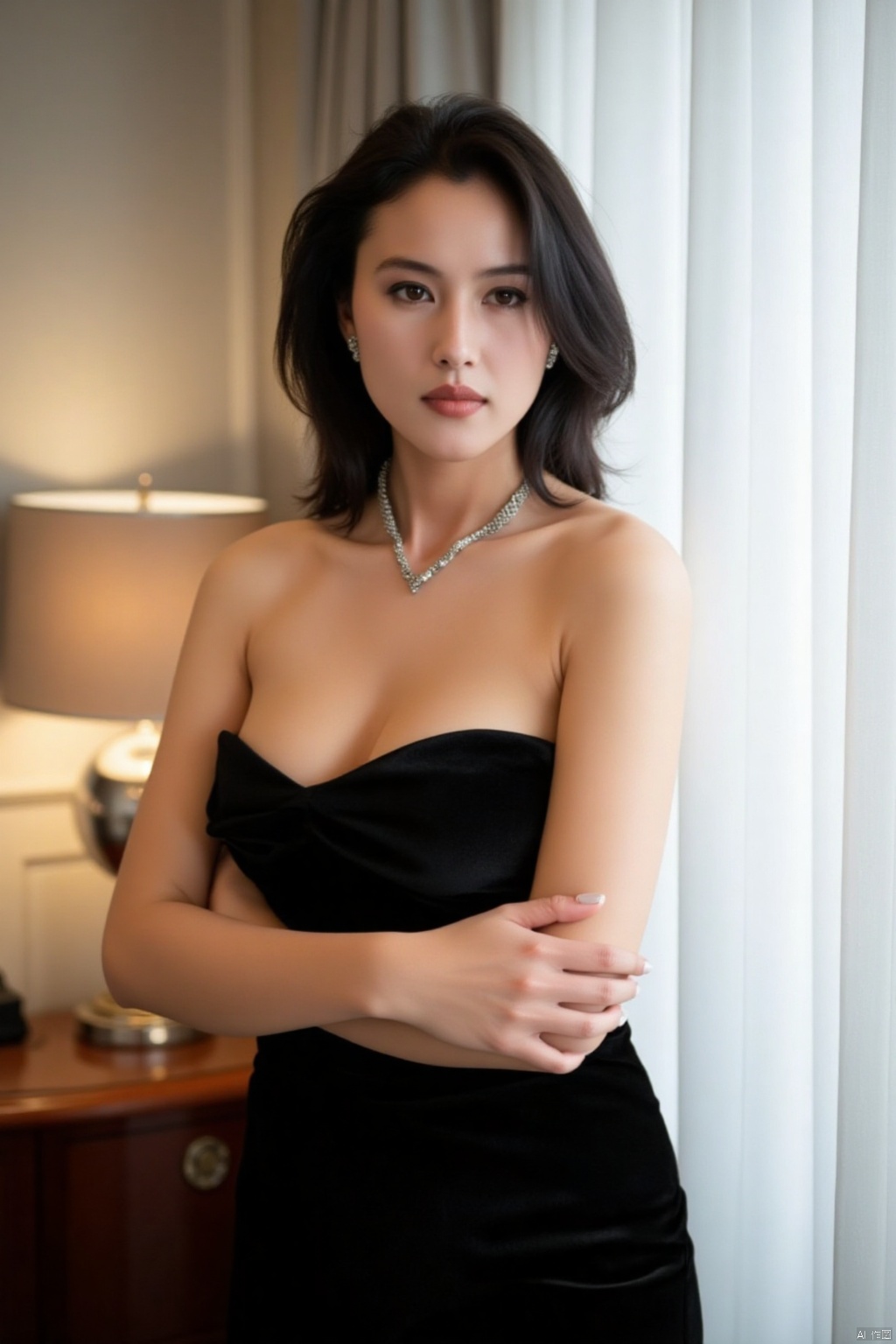 a woman stands with her arms crossed. She is dressed in a black strapless dress, adorned with a silver necklace and earrings. Her hair is styled in a sleek bob, adding a touch of texture to her face. The backdrop is a stark white wall with a light blue curtain draped over it. To the left of the woman, a white lamp is positioned on a black table.