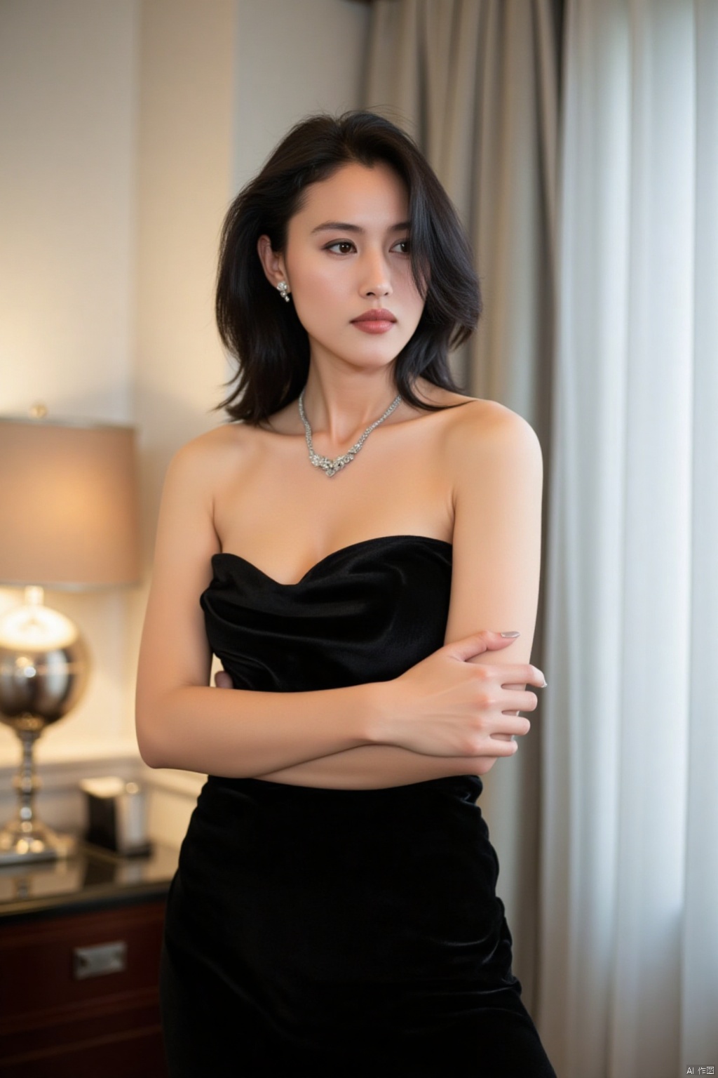 a woman stands with her arms crossed. She is dressed in a black strapless dress, adorned with a silver necklace and earrings. Her hair is styled in a sleek bob, adding a touch of texture to her face. The backdrop is a stark white wall with a light blue curtain draped over it. To the left of the woman, a white lamp is positioned on a black table.