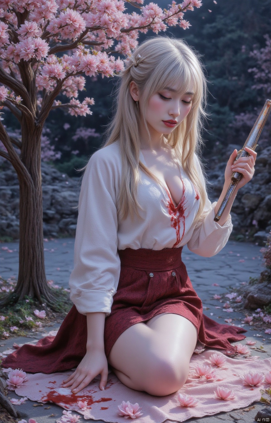 in the style of ckpf,A wounded female samurai kneeling on one knee under falling cherry blossoms at night, eyes closed, with a blood-stained sword