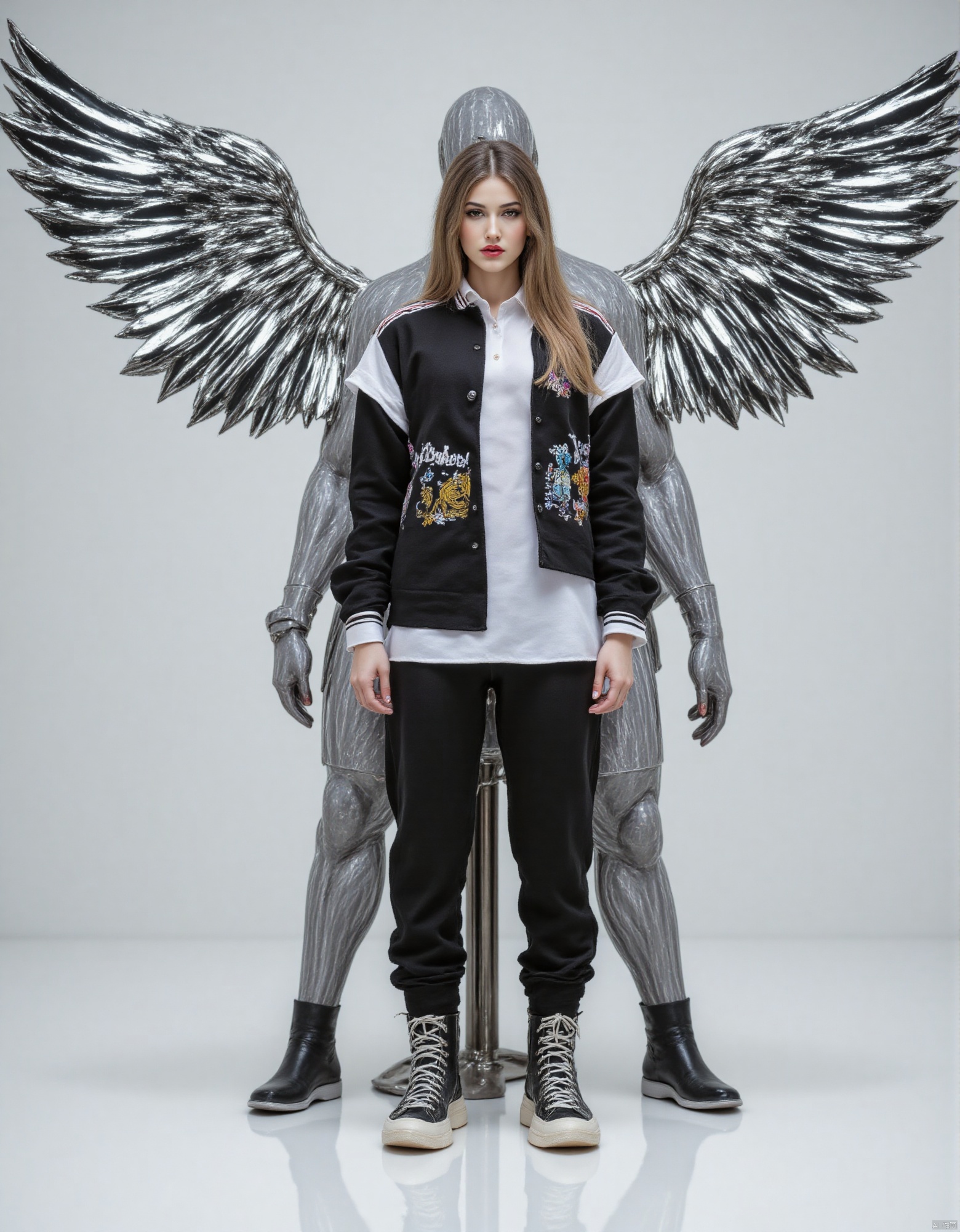 A high-quality, hyper-realistic digital art portrait of a woman standing in a straight pose, exuding confidence and power. She wears oversized black and white urban futuristic clothing, featuring exaggerated asymmetrical designs with bold, sharp lines that create a striking contrast. Her oversized sneaker boots, blending streetwear with avant-garde fashion, complete the look with a street-ready yet cutting-edge appeal. Behind her, chrome Chromecore wings extend outward in full stretch, their gleaming metallic sheen reflecting light with intricate details that highlight their futuristic design. The wings, poised for takeoff, add a sense of fantasy and movement to the otherwise static scene. The interplay between her sleek urban outfit and the shimmering wings enhances the visual impact, merging the edge of modern street fashion with the allure of futuristic fantasy. The minimalistic background further emphasizes her bold presence, focusing on the sharp contrast between her attire and the metallic wings, while the overall color palette and lighting capture the dark, high-contrast theme, with a focus on perfection and detailed craftsmanship, especially around the hands and pose, masterpiece, high-quality, (elaborate fine details:1.1), (hyperdetailed:1.1), (intricate details:1.0), (Refined details:1.1), (best quality:1.1), (high resolution:1.2),detailed city