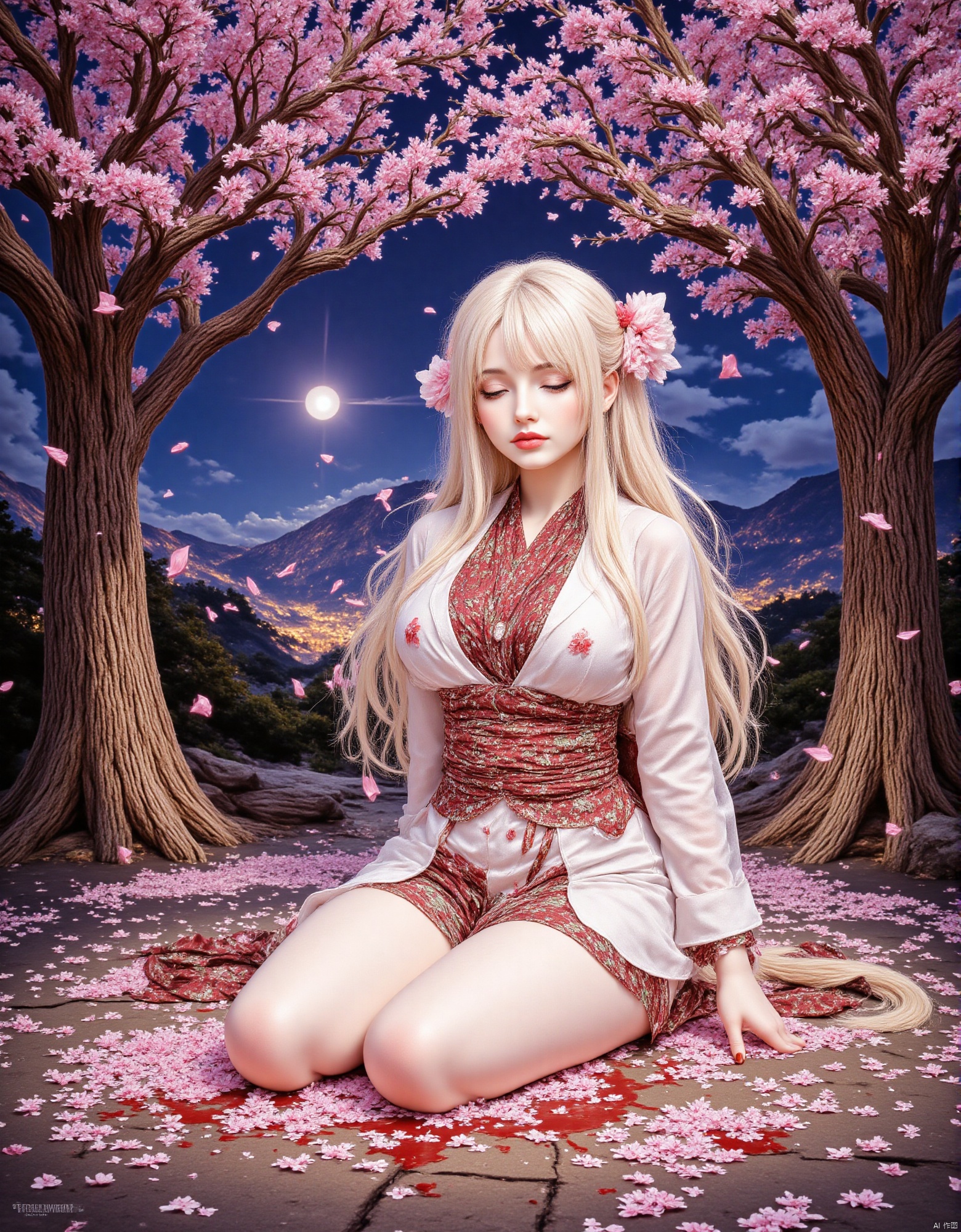 in the style of ckpf,A wounded female samurai kneeling on one knee under falling cherry blossoms at night, eyes closed, with a blood-stained sword