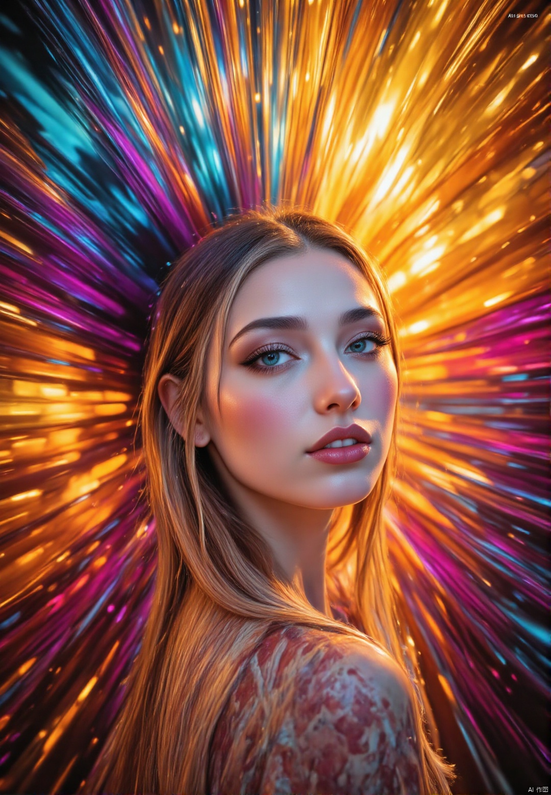1 woman, crystals rays of lights refraction surreal orange and purple Alberto Seveso (masterpiece, photorealistic) (best quality) (dramatic lighting ) (sharp focus),exposure blend, medium shot, bokeh, (hdr:1.4), high contrast, (cinematic, teal and orange:0.85), (muted colors, dim colors, soothing tones:1.3), low saturation,HARUKA,AIDMAFLUXPROULTRA,COLPAIDRI  PAINT COLORFUL DRIPPING,Aerith Gainsborough,COLORFUL FLS STYLE SPLASH,,VIBRANT FLS STYLE SPLATTER,