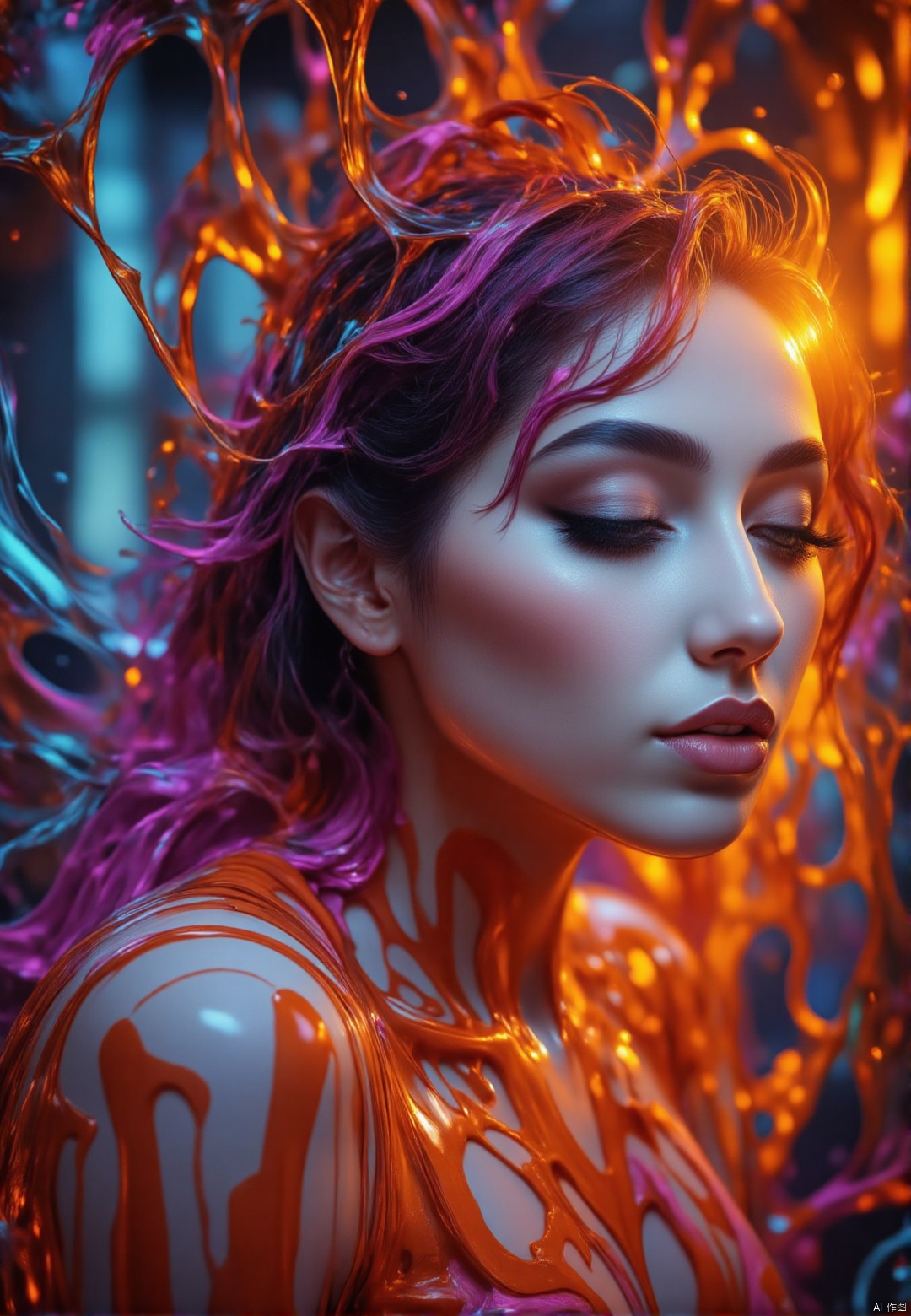 1 woman, crystals rays of lights refraction surreal orange and purple Alberto Seveso (masterpiece, photorealistic) (best quality) (dramatic lighting ) (sharp focus),exposure blend, medium shot, bokeh, (hdr:1.4), high contrast, (cinematic, teal and orange:0.85), (muted colors, dim colors, soothing tones:1.3), low saturation,HARUKA,AIDMAFLUXPROULTRA,COLPAIDRI  PAINT COLORFUL DRIPPING,Aerith Gainsborough,
