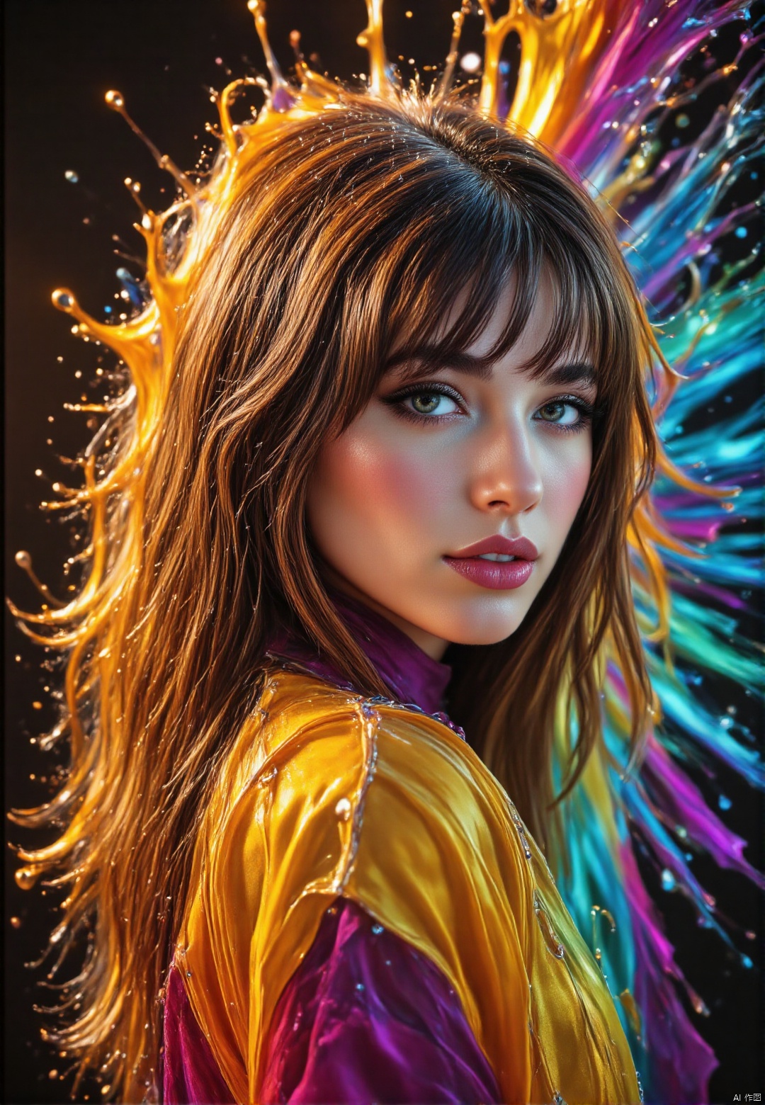 1 woman, crystals rays of lights refraction surreal orange and purple Alberto Seveso (masterpiece, photorealistic) (best quality) (dramatic lighting ) (sharp focus),exposure blend, medium shot, bokeh, (hdr:1.4), high contrast, (cinematic, teal and orange:0.85), (muted colors, dim colors, soothing tones:1.3), low saturation,HARUKA,AIDMAFLUXPROULTRA,COLPAIDRI  PAINT COLORFUL DRIPPING,Aerith Gainsborough,COLORFUL FLS STYLE SPLASH,,VIBRANT FLS STYLE SPLATTER,