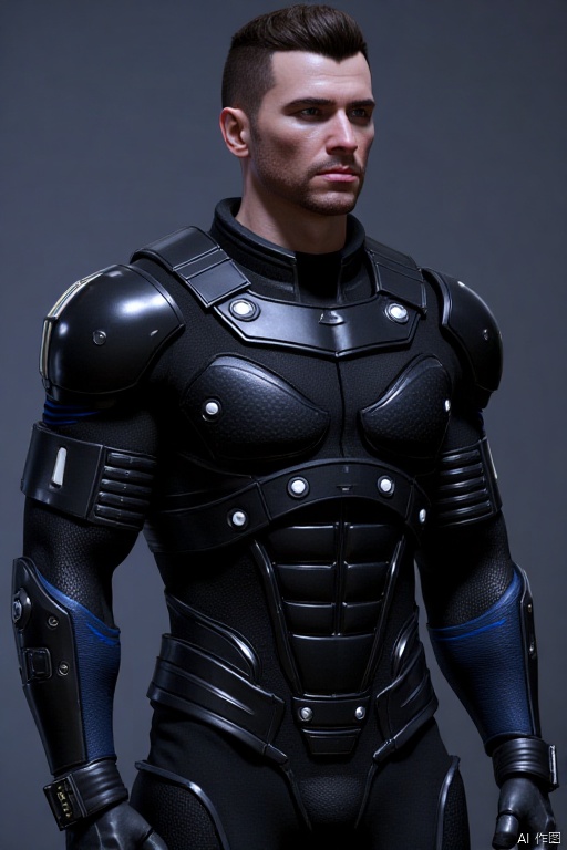 ZLXY,1boy,3D,Game NPC characters,solo,manly,
The picture shows a man wearing a futuristic battle suit. His clothing is mainly black, and the material looks tough and protective, appearing to be some kind of high-tech synthetic material. The clothing is dotted with multiple silver round parts, which may be used to secure other equipment or function as functional operation buttons. The shoulders and chest are equipped with wide black straps. These straps not only add layering and toughness to the clothing, but may also protect key parts of the body. The sleeves are decorated with blue lines, which contrast sharply with the black main body, making the overall shape more visually impactful. This combat uniform perfectly fits the style of combatants in science fiction themes, showing a sense of technology and power.