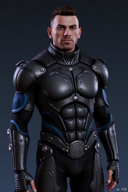 ZLXY,1boy,3D,Game NPC characters,solo,manly,
The picture shows a man wearing a futuristic battle suit. His clothing is mainly black, and the material looks tough and protective, appearing to be some kind of high-tech synthetic material. The clothing is dotted with multiple silver round parts, which may be used to secure other equipment or function as functional operation buttons. The shoulders and chest are equipped with wide black straps. These straps not only add layering and toughness to the clothing, but may also protect key parts of the body. The sleeves are decorated with blue lines, which contrast sharply with the black main body, making the overall shape more visually impactful. This combat uniform perfectly fits the style of combatants in science fiction themes, showing a sense of technology and power.