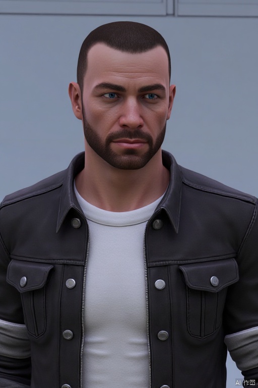 A man is wearing a casual jacket and a white shirt. He has very short hair. He is handsome and has a mature temperament,middle aged man,ZLXY,1boy,3D,Game NPC characters,solo,manly,