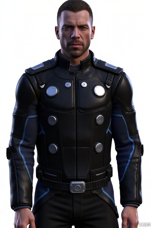 ZLXY,1boy,3D,Game NPC characters,solo,manly,
The man in the picture is wearing a futuristic and technological Star Alliance uniform. The color of this suit is mainly black, and the material looks tough. It may be some kind of synthetic material that has a certain protective function. There are multiple silver round devices on the clothes, which may be used to fix, connect other equipment, or have some functional buttons or sensors. There are wide black belt designs on the shoulders and chest, which add to the toughness and layering of the overall look, and may also play a role in protecting key parts of the body. The sleeves have blue decorative lines, which add some color contrast to the overall black clothing. Overall, this costume is very consistent with the dressing style of combat or special personnel in science fiction themes.
