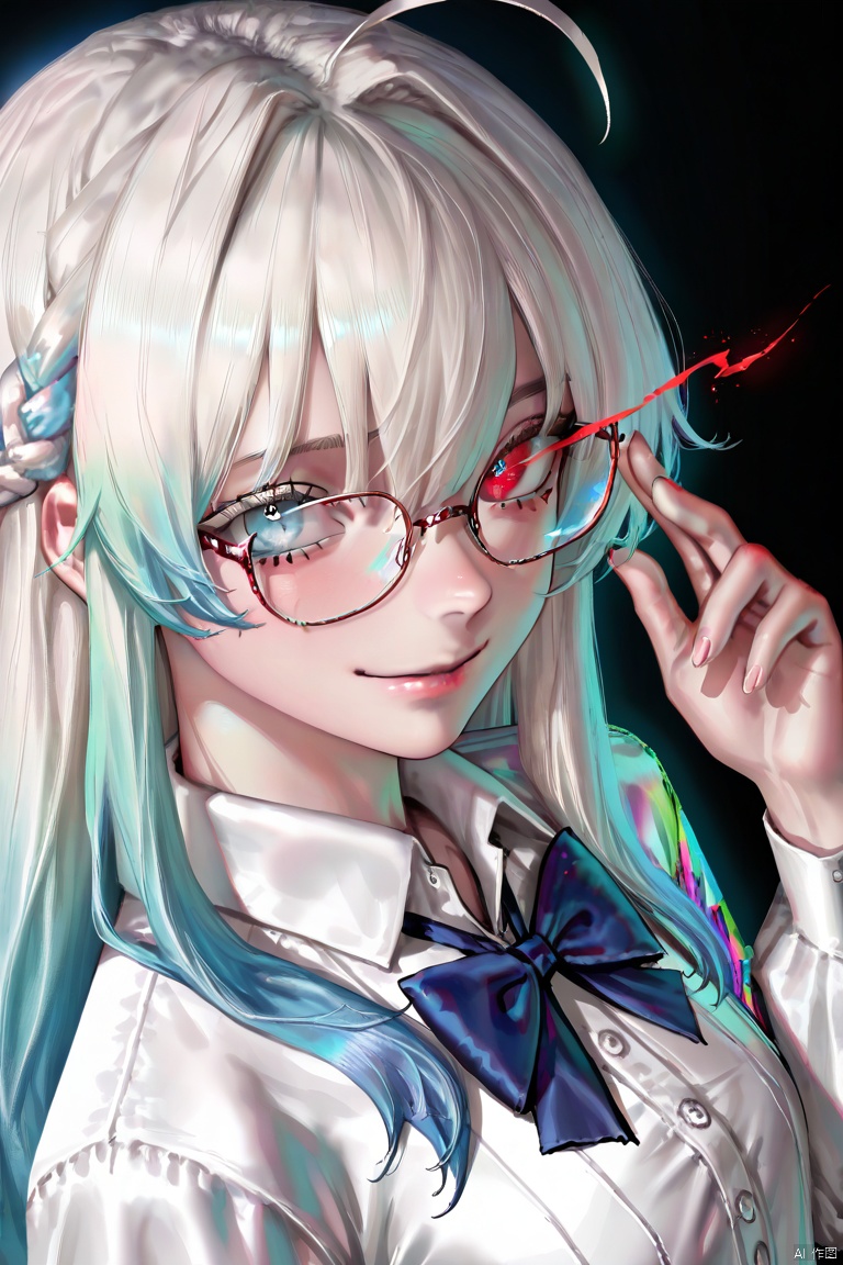[artist: wlop],artist: hitenkei,good work,(best quality),illustration,depth of field,(color),masterpiece,best quality,1girl,solo,long hair,looking at viewer,smile,bangs,blue eyes,shirt,red eyes,bow,hair between eyes,closed mouth,blue hair,white shirt,upper body,braid,ahoge,white hair,multicolored hair,glasses,collared shirt,indoors,hand up,bowtie,gradient hair,heterochromia,blue bow,french braid,blue bowtie,adjusting eyewear,(dark),(sideways),((glowing)),glitch,horror \(theme\),vibrant,black background,colorful,abstract,bioluminescence,double exposure,distortion,holographic clothing,bloom,backlighting,sidelighting,rella,wanke,konya karasue,yadu nadu,menma \(enaic31\),(quasarcake:0.8),john kafka,(otonoha aika),konya karasue,eye trail,(kidmo:1.5)),As109,