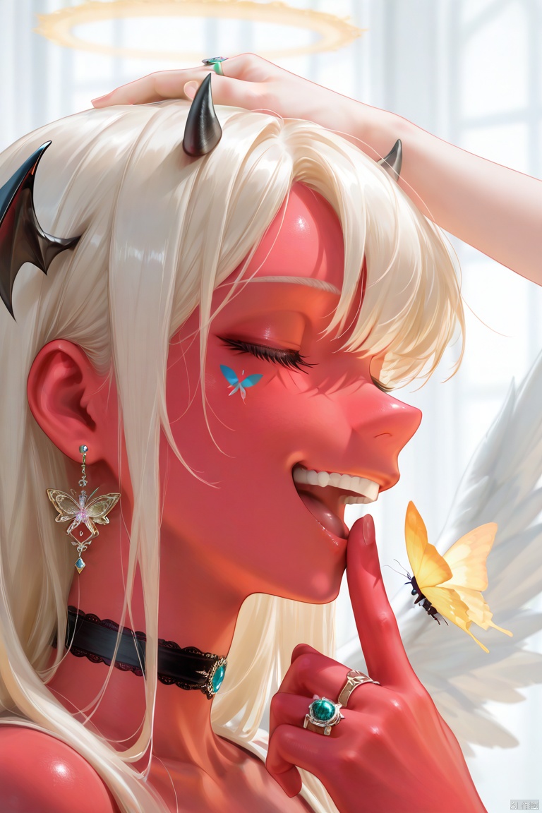 Prompt: score_9,score_8_up,score_7_up,score_6_up,masterpiece,best quality,ultra-detailed,very aesthetic,absurdres,2girls,angel and devil,angel wings,blonde hair,bug,butterfly,choker,close-up,closed eyes,colored skin,earrings,facial mark,finger to another's mouth,hand on another's head,head wings,horns,jewelry,multiple girls,open mouth,red skin,ring,smile,white hair,wings,yuri,,