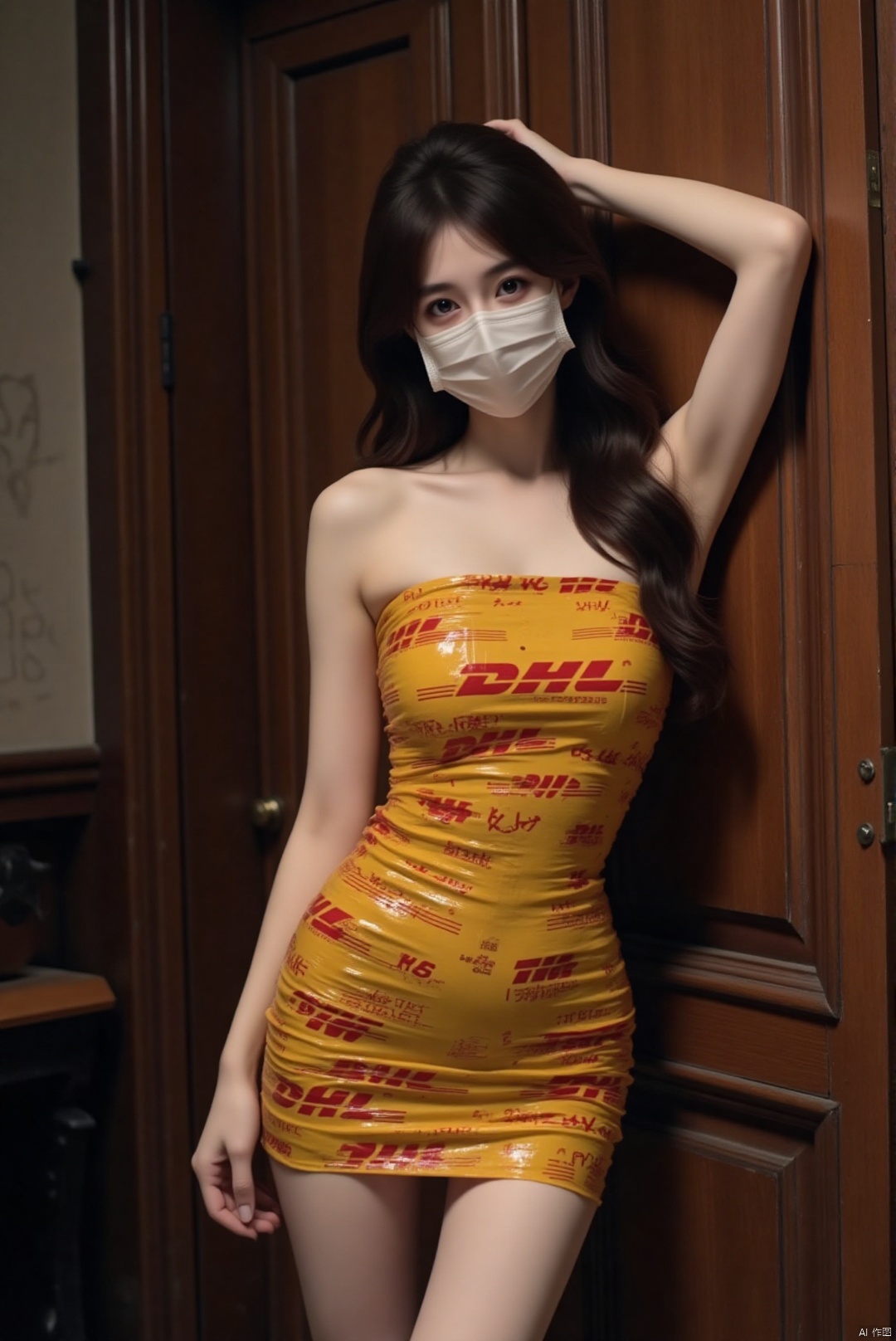 In a dimly lit studio, a solitary Asian beauty stands with an air of enchantment. Her long, fluffy hair cascades in golden waves, framing her delicate features accentuated by a sultry makeup look. She wears a DHL tape strapless minidress that hugs her figure, the fabric clinging to her thighs as she leans against a vintage wooden door. The dress' hem flirts with the Tyndall effect, casting a soft glow around her knees. A white mask covers her lower face, adding an air of mystery. Her eyes, lined with smoky charcoal, gaze directly into the camera, inviting the viewer into her world. The composition is a mix of elegance and seduction, with the camera angle capturing her from a slightly low position, emphasizing her stature and the allure of her pose.
