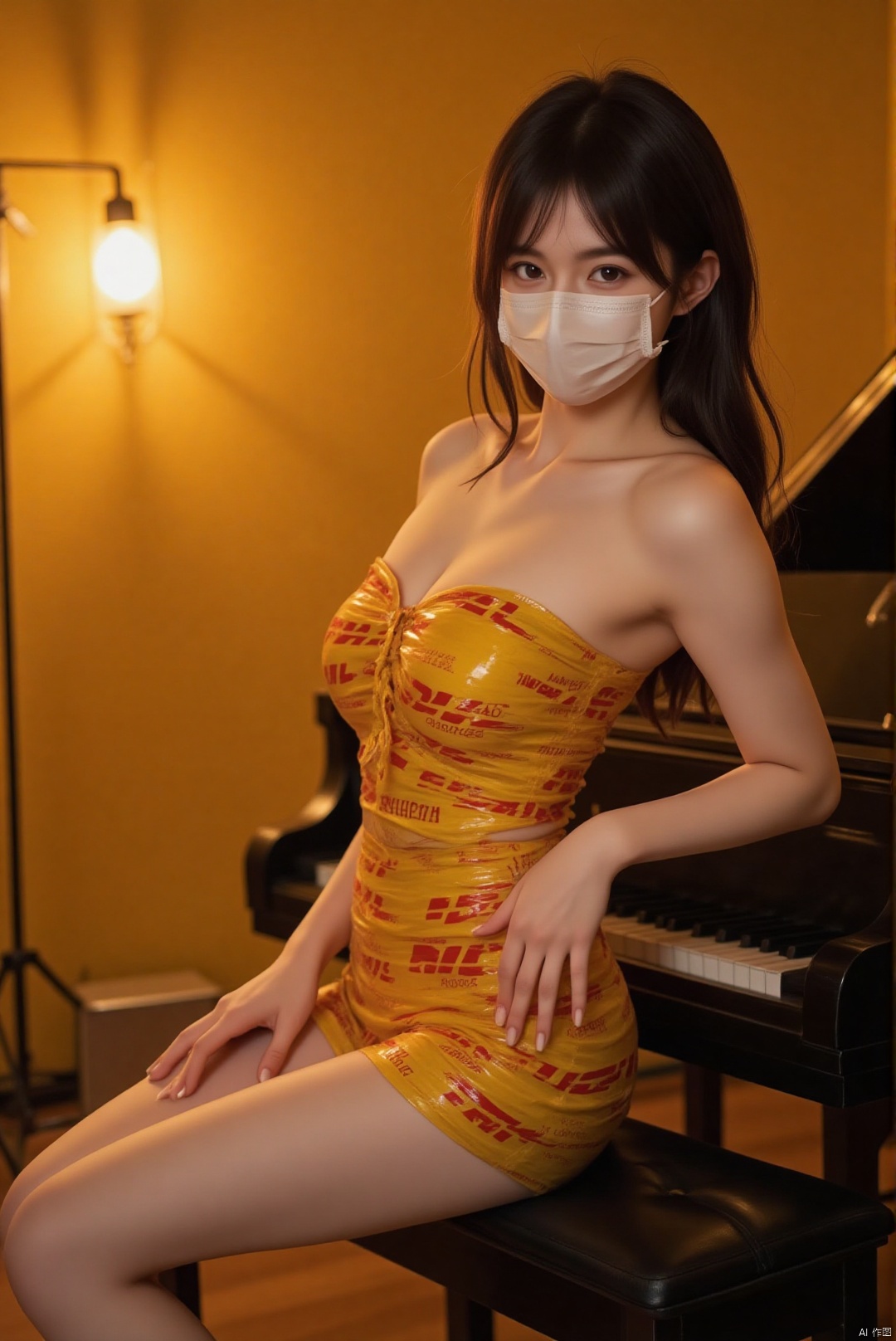 In a studio bathed in a warm, amber glow, an Asian woman sits on the edge of a grand piano, her figure a study in elegance and sensuality. Her long, flowing hair, a deep shade of raven black, is tousled, giving a hint of untamed beauty. She is adorned in a DHL tape strapless minidress that accentuates her thighs, the fabric shimmering with the Tyndall effect as it reflects the light. A white mask covers her mouth, adding an enigmatic quality to her allure. Her makeup is dramatic, with cat-eye liner and bold red lipstick that contrasts with her dark hair. She leans back slightly, one hand on the piano keys, her gaze locked on the camera, inviting the viewer to share in her secret melody. The camera angle is low, capturing her from the waist up, highlighting the seductive arch of her back.