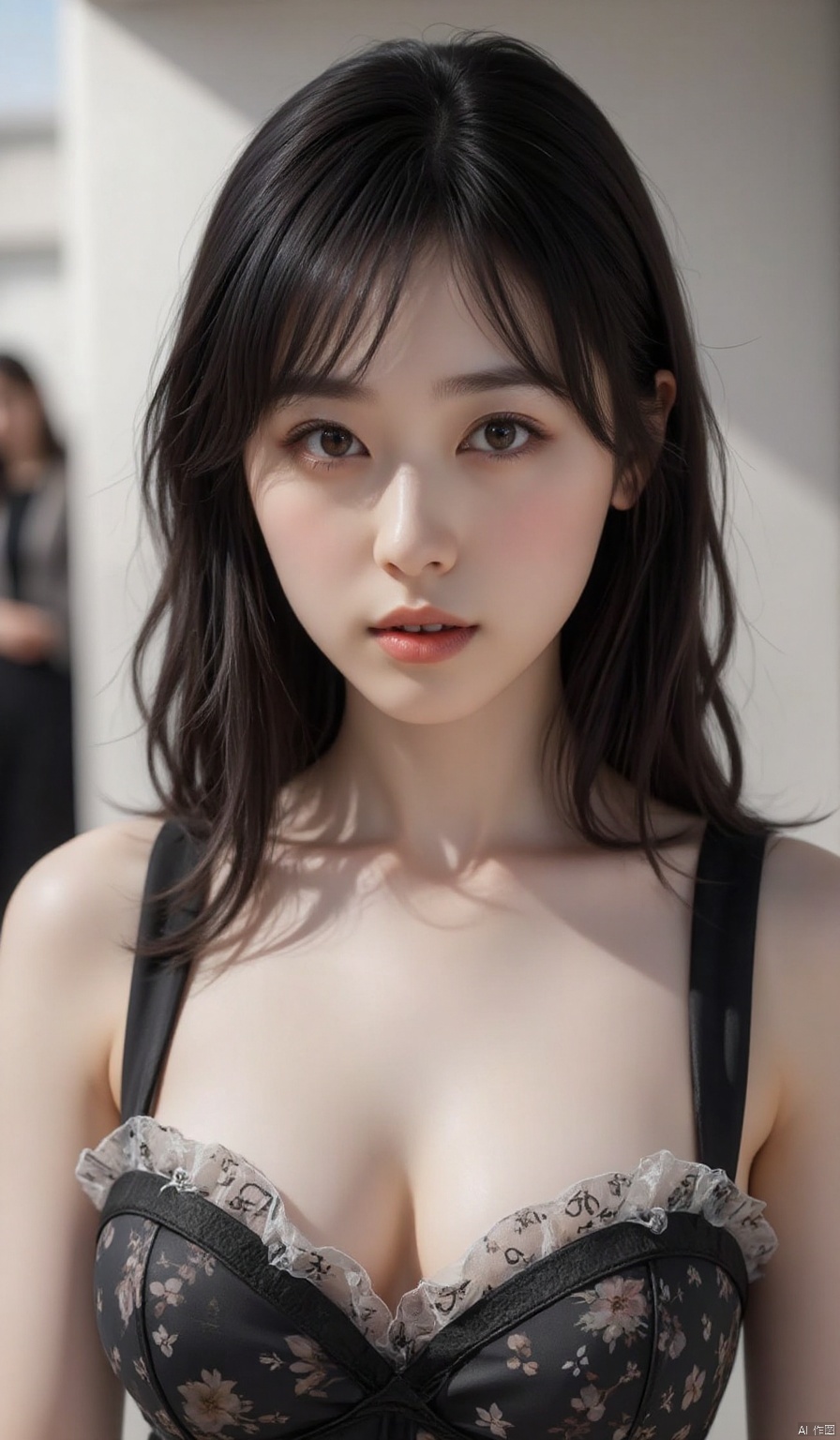 Best quality, ultra high resolution, 8k, royal sisters, beautiful women, looking at viewer, close up cleavage, selfie, upper body, black suspenders, dress cropped at shoulders,HARUKA