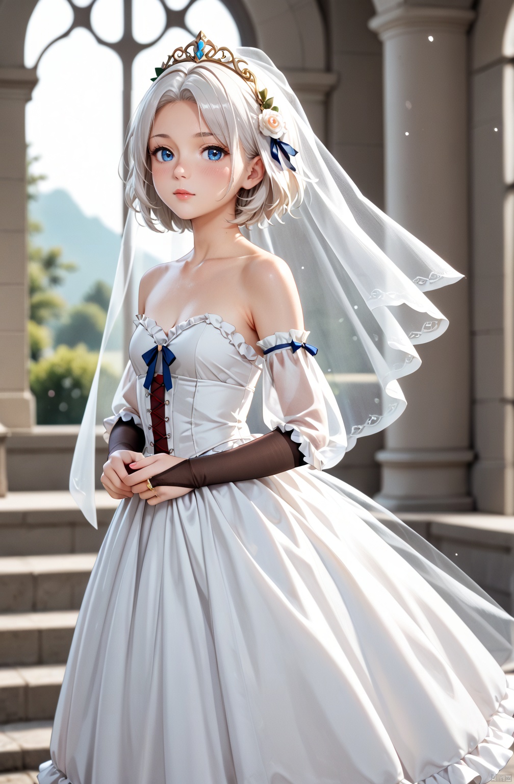  cinematic film still ((extremely detailed CG unity 8k wallpaper)), masterpiece, ultra-detailed, floating, high resolution, sexually suggestive, (petite, absurdly long white hair, princess, white mage, blue eyes, (ornate long white and red see through layered long dress with long detached wide sleeves and intricate embroidery), bridal veil, circlet, bridal gauntlets, blushing, shy, arched back, ruffled petticoat, ornate corset, holding dress, . shallow depth of field, vignette, highly detailed, high budget, bokeh, cinemascope, moody, epic, gorgeous, film grain, grainy, __detail__, __detail__., Dilireba,score_9_up score_8_up score_7_up,score_6_up