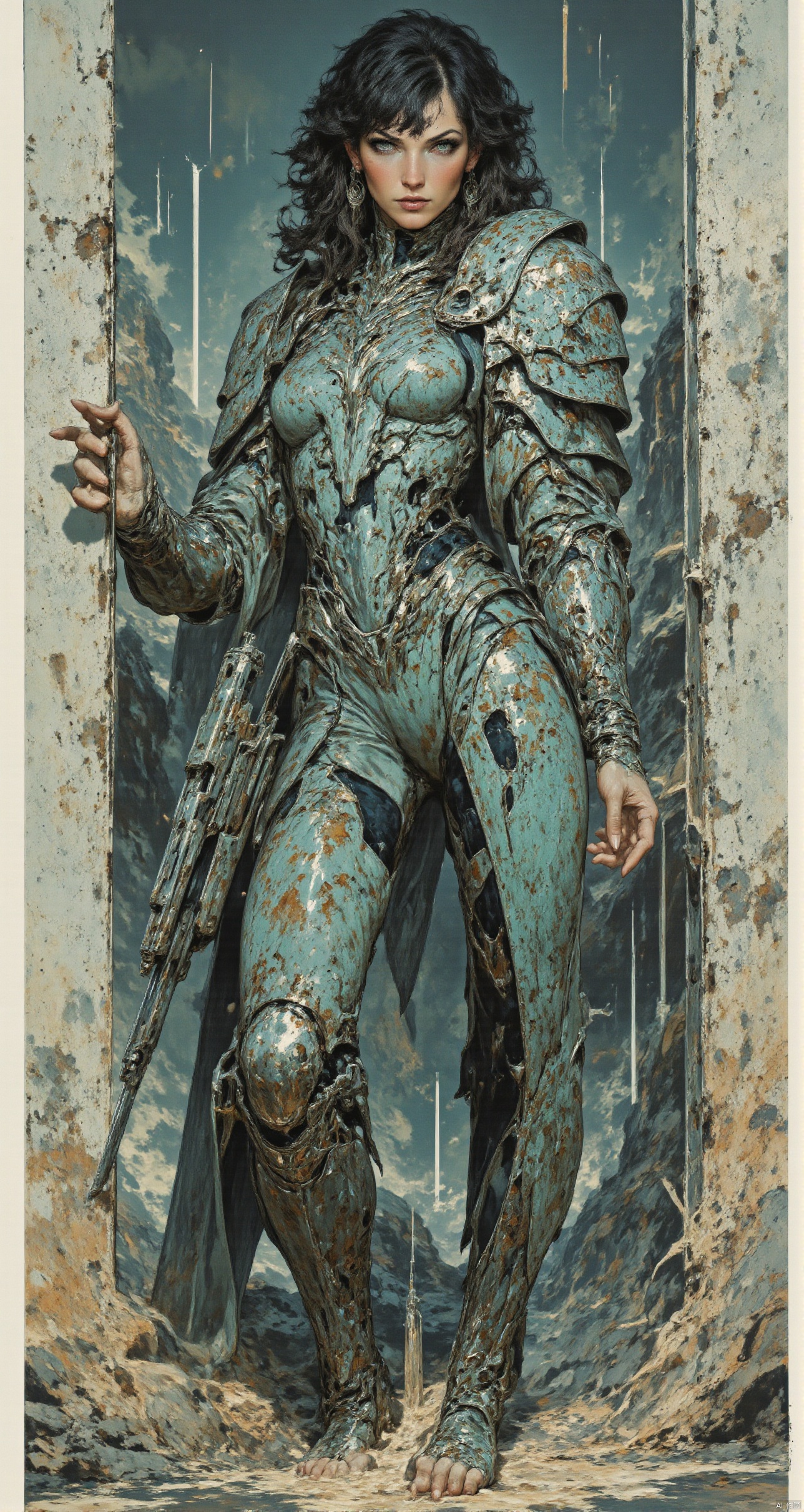 A traditional Japanese ink-on-paper masterpiece blending wabi-sabi aesthetics with a sensual, surreal edge. a female space pirate. long messy hair, bangs, sidelocks, battered teal power armour, holding an assault rifle, sheltering behind a wall during a battle in a ruined, dusty city, perfect hands