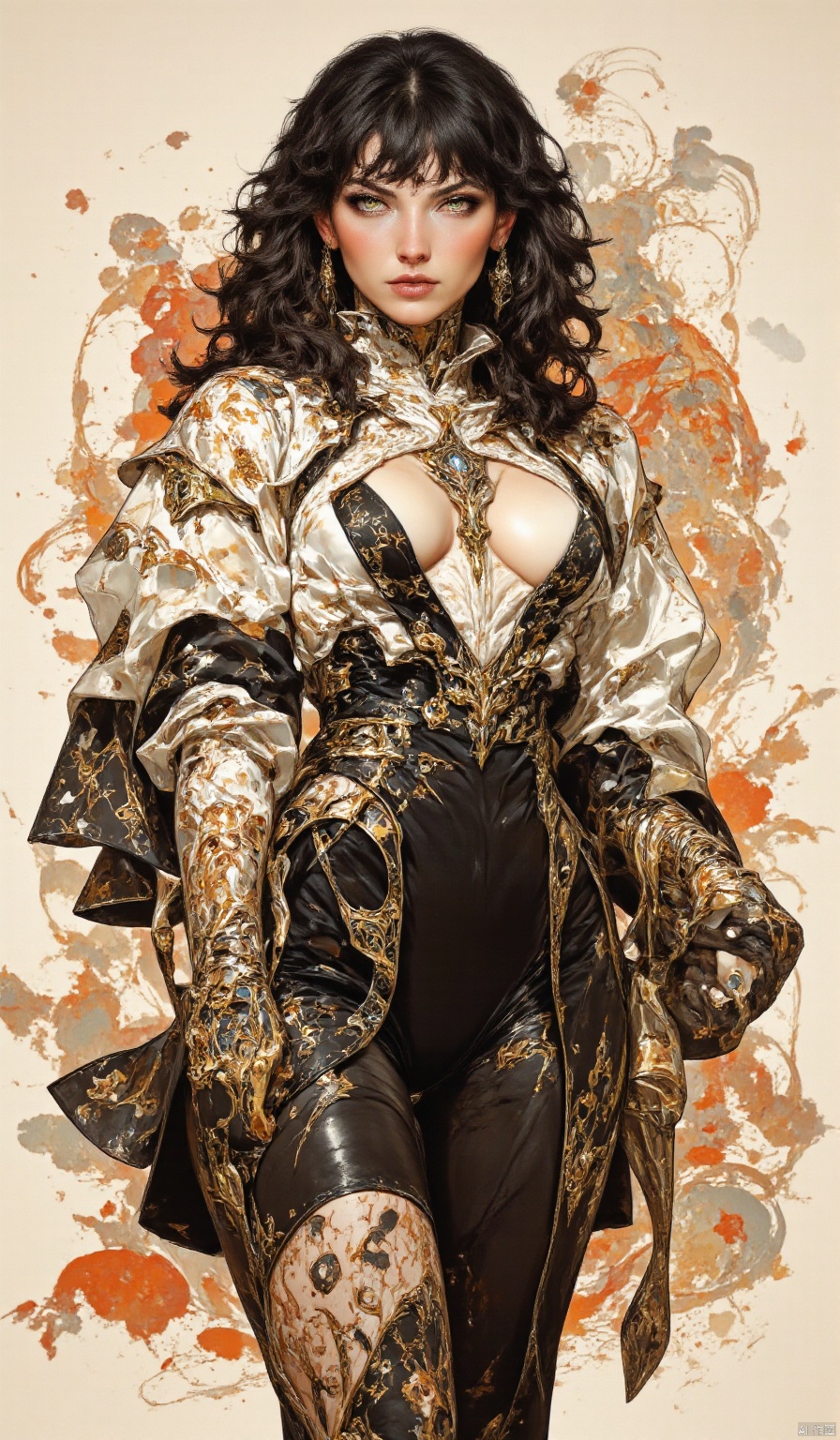 A traditional Japanese ink-on-paper masterpiece blending wabi-sabi aesthetics with a sensual, surreal edge. The artwork features an erotic yet stunning oriental priestess, her delicate face framed by flowing dark hair, bangs, sidelocks. Her captivating green irises glow softly, contrasting against her pale skin, as she gazes seductively at the viewer. Sepia and carmine ink flow harmoniously, She is wearing traditional kimono that slips from her shoulders, revealing deep cleavage. Abstract swirls of henna-hued patterns flow around her form, creating a sense of ethereal movement. Vibrant splashes of surreal colors—a muted crimson, soft gold, and smoky charcoal—enhance the ink composition, giving it life while embracing the imperfections and fluidity of wabi-sabi. The priestess embodies a mystical yet erotic presence, seamlessly merging traditional Japanese beauty with surreal allure,Anime Niji Cyberpunk illustration.,AIDMAFLUXPROULTRA