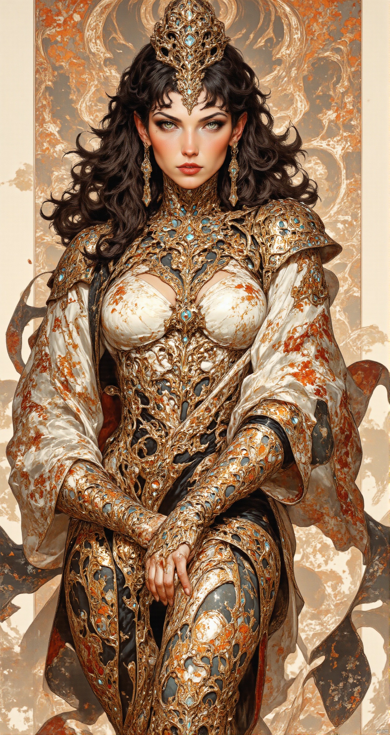 A traditional Japanese ink-on-paper masterpiece blending wabi-sabi aesthetics with a sensual, surreal edge. The artwork features an erotic yet stunning oriental priestess, her delicate face framed by flowing dark hair, bangs, sidelocks. Her captivating green irises glow softly, contrasting against her pale skin, as she gazes seductively at the viewer. Sepia and carmine ink flow harmoniously, She is wearing traditional kimono that slips from her shoulders, revealing deep cleavage. Abstract swirls of henna-hued patterns flow around her form, creating a sense of ethereal movement. Vibrant splashes of surreal colors—a muted crimson, soft gold, and smoky charcoal—enhance the ink composition, giving it life while embracing the imperfections and fluidity of wabi-sabi. The priestess embodies a mystical yet erotic presence, seamlessly merging traditional Japanese beauty with surreal allure,Anime Niji Cyberpunk illustration.,AIDMAFLUXPROULTRA