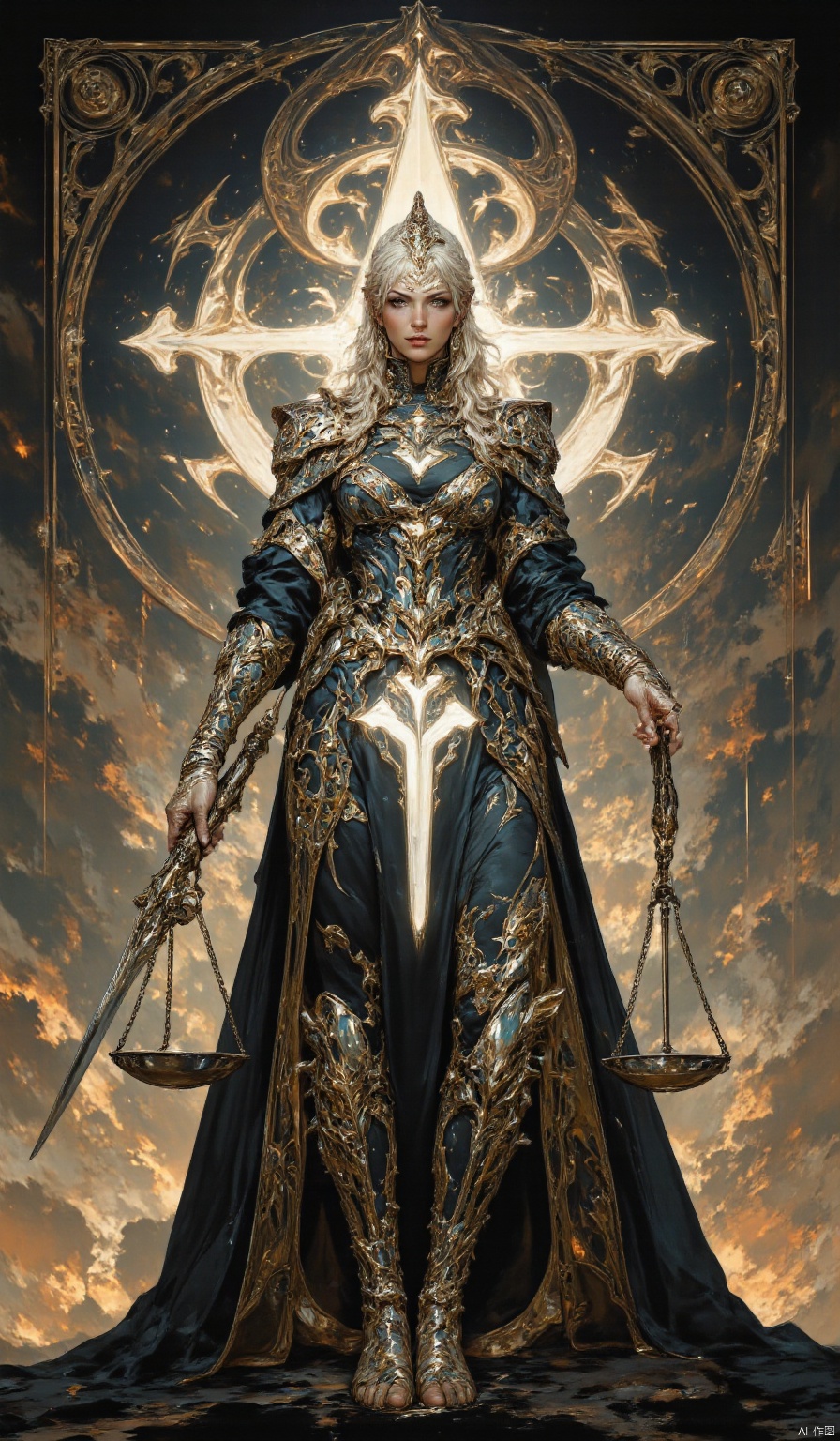 , The scales of justice, symbol of justice, mythology and religion, gods and goddesses, Justitia: The Roman goddess of justice, Justitia was often portrayed wearing a blindfold and holding a sword and scales that were evenly balanced. The scales of justice symbolize the importance of finding a solution that addresses all parties involved, including the guilty, the innocent, and the law itself.,Anime Niji Cyberpunk illustration.