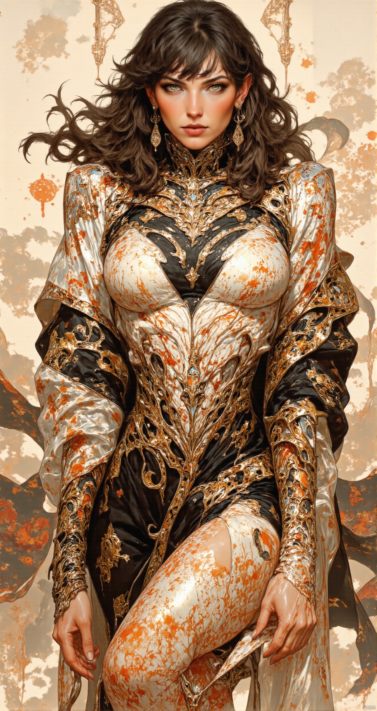A traditional Japanese ink-on-paper masterpiece blending wabi-sabi aesthetics with a sensual, surreal edge. The artwork features an erotic yet stunning oriental priestess, her delicate face framed by flowing dark hair, bangs, sidelocks. Her captivating green irises glow softly, contrasting against her pale skin, as she gazes seductively at the viewer. Sepia and carmine ink flow harmoniously, She is wearing traditional kimono that slips from her shoulders, revealing deep cleavage. Abstract swirls of henna-hued patterns flow around her form, creating a sense of ethereal movement. Vibrant splashes of surreal colors—a muted crimson, soft gold, and smoky charcoal—enhance the ink composition, giving it life while embracing the imperfections and fluidity of wabi-sabi. The priestess embodies a mystical yet erotic presence, seamlessly merging traditional Japanese beauty with surreal allure,Anime Niji Cyberpunk illustration.,AIDMAFLUXPROULTRA