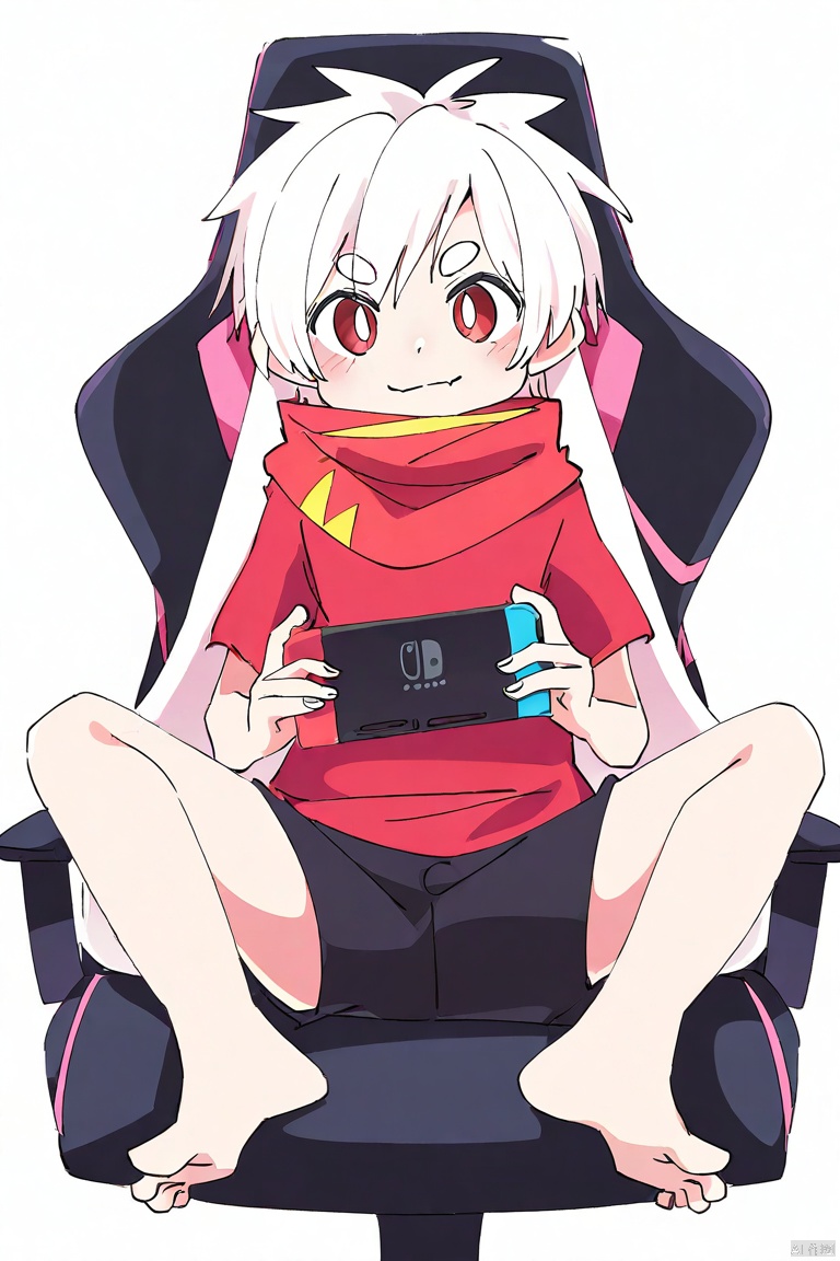[ixy],[[deformed]].
solo,male focus,
vup-bai,(white hair,red eyes),(floppy ears,lop rabbit ears),[red scarf],
(red shirt),(black shorts,barefoot).
BREAK,
from side,
boy sitting on gaming chair,on sdie, spreading legs, (holding nintendo switch), smile.
(very awa,masterpiece,best quality,highres,absurdres),