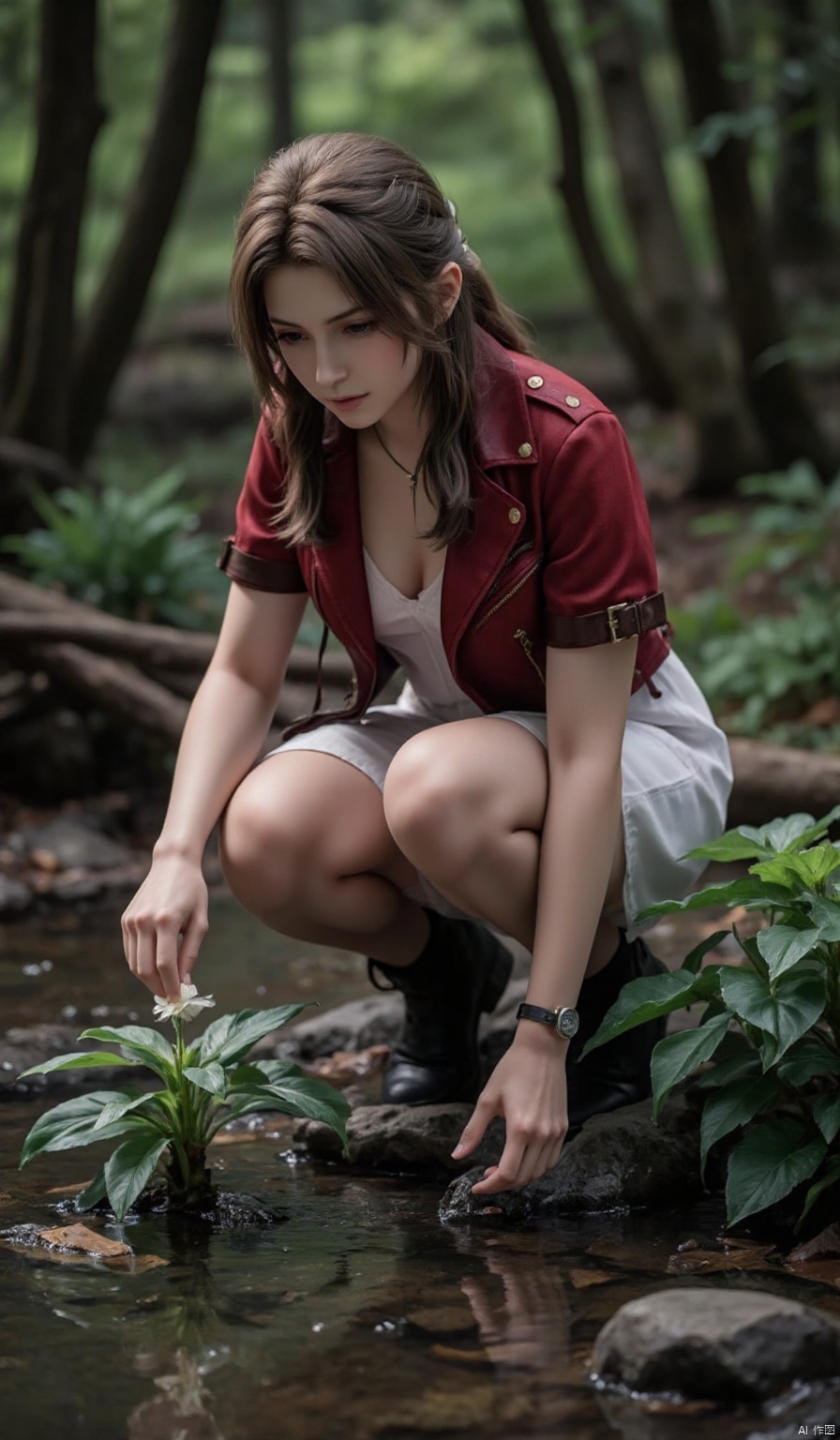 A professional photograph of Aerith Gainsborough crouching by a stream in a dense forest. Sheâs leaning forward, peering intently at a small flower blooming on the edge of the water. Her fingers reach toward it, her expression a mix of curiosity and quiet admiration.,Aerith Gainsborough,
