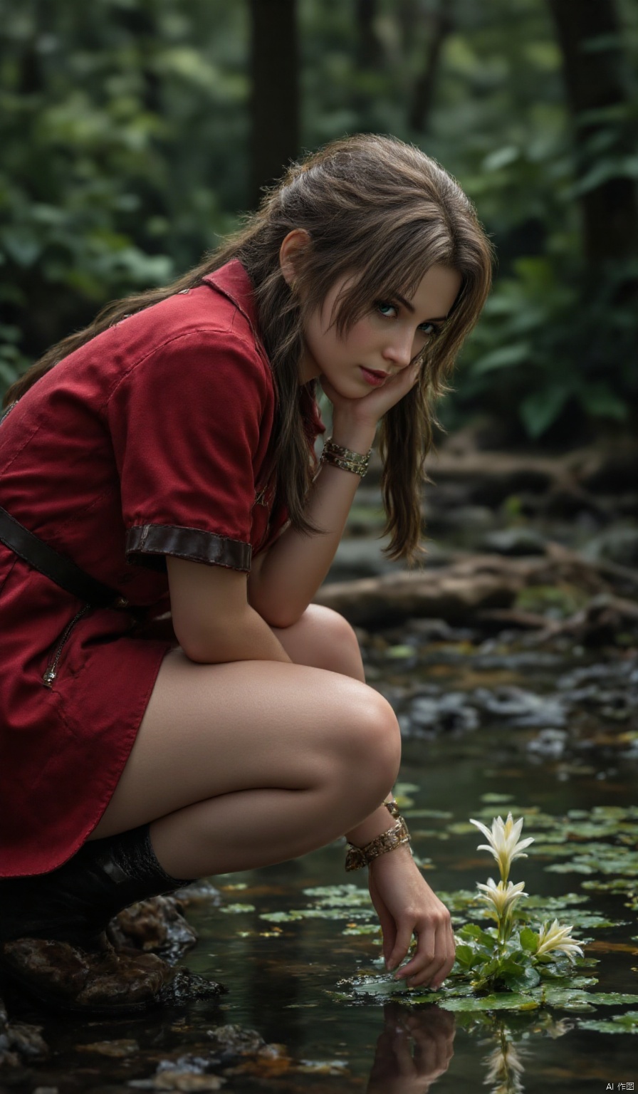 A professional photograph of Aerith Gainsborough crouching by a stream in a dense forest. Sheâs leaning forward, peering intently at a small flower blooming on the edge of the water. Her fingers reach toward it, her expression a mix of curiosity and quiet admiration.,Aerith Gainsborough,,AIDMAFLUXPROULTRA