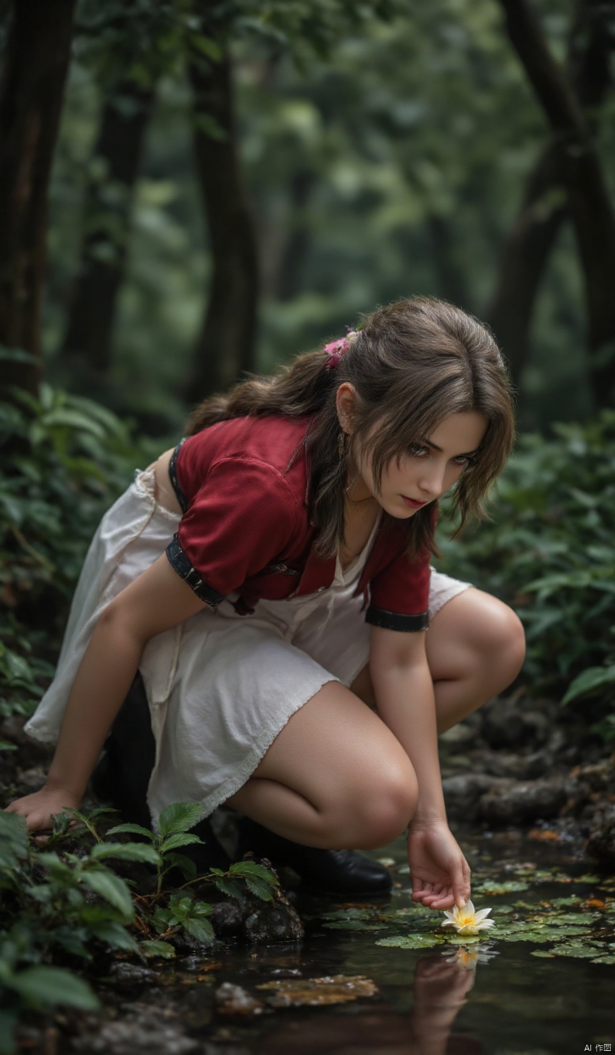A professional photograph of Aerith Gainsborough crouching by a stream in a dense forest. Sheâs leaning forward, peering intently at a small flower blooming on the edge of the water. Her fingers reach toward it, her expression a mix of curiosity and quiet admiration.,Aerith Gainsborough,,AIDMAFLUXPROULTRA