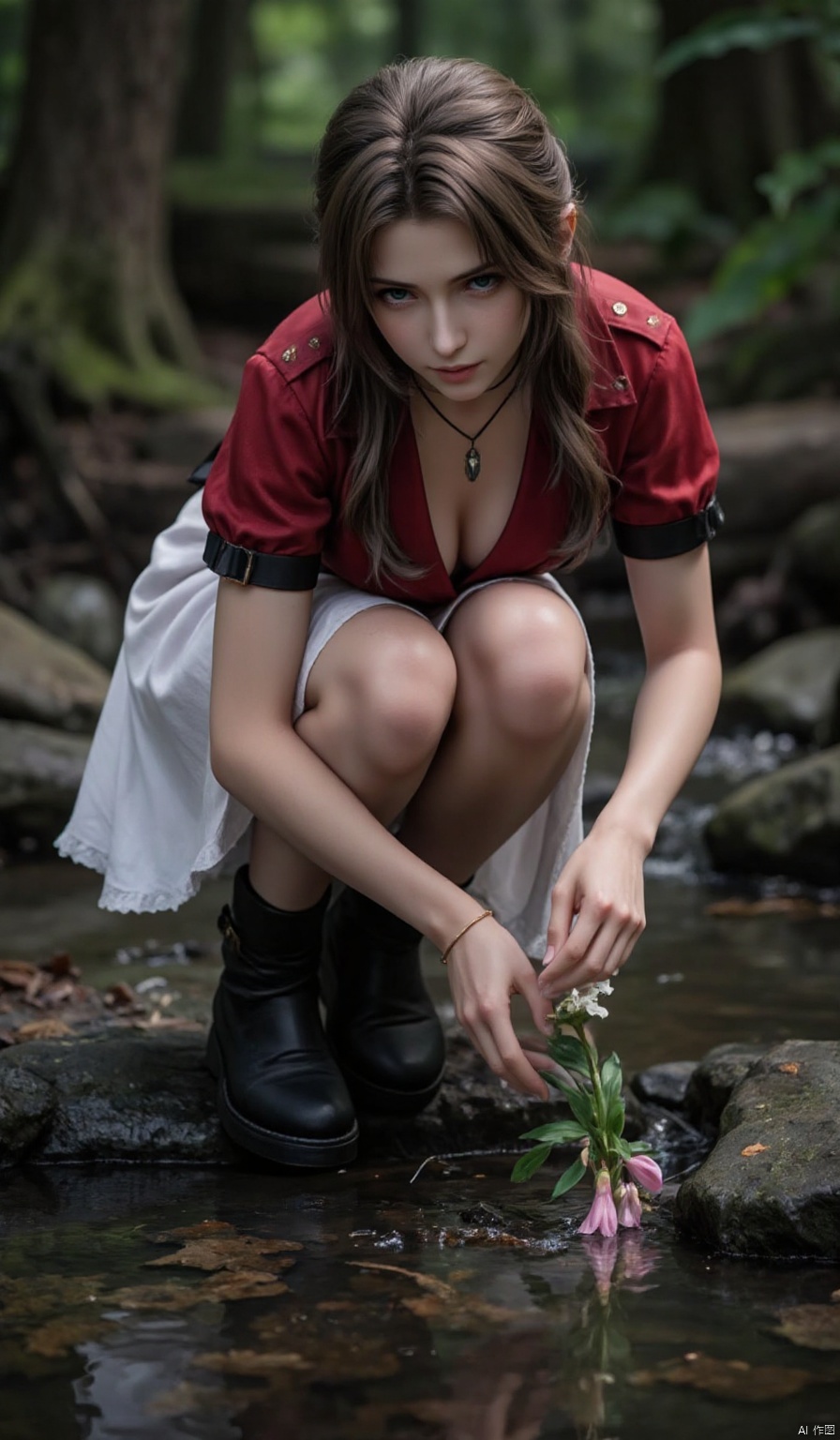 A professional photograph of Aerith Gainsborough crouching by a stream in a dense forest. Sheâs leaning forward, peering intently at a small flower blooming on the edge of the water. Her fingers reach toward it, her expression a mix of curiosity and quiet admiration.,Aerith Gainsborough,
