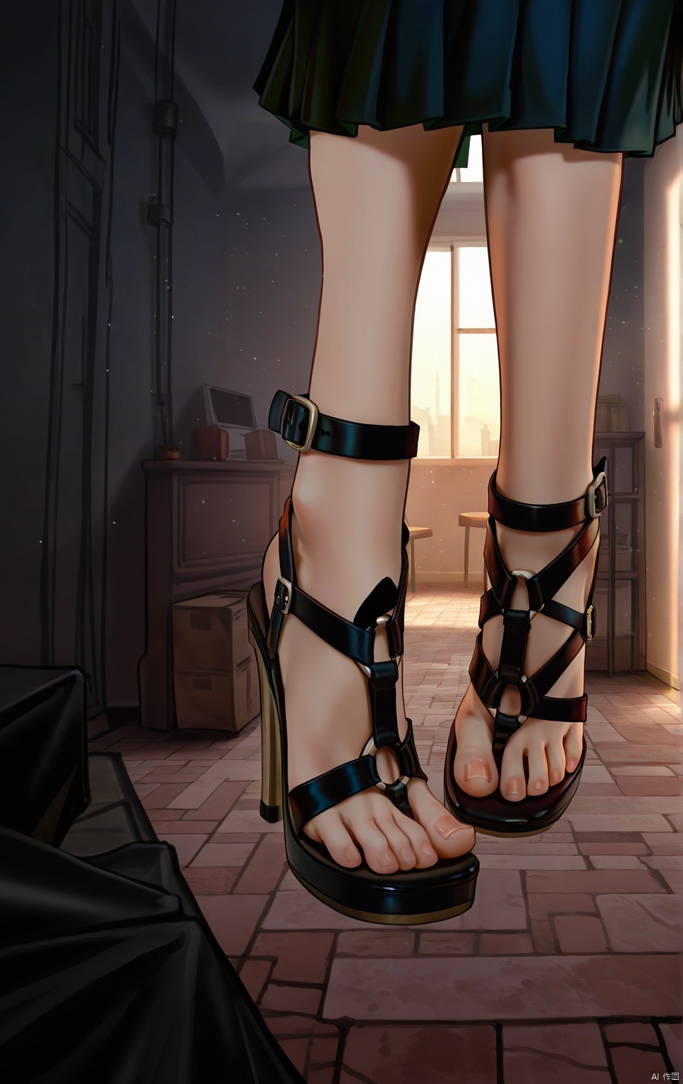 masterpiece, best quality, amazing quality, very aesthetic, high resolution, ultra-detailed, absurdres, newest, scenery,
as109, andava,
 foot focus, 
dark theme, dark fantasy, god rays, light particles,(BTHONG HEELS),PLATFORM FOOTWEAR,score_9_up score_8_up score_7_up,(BTHONG HEELS),PLATFORM FOOTWEAR