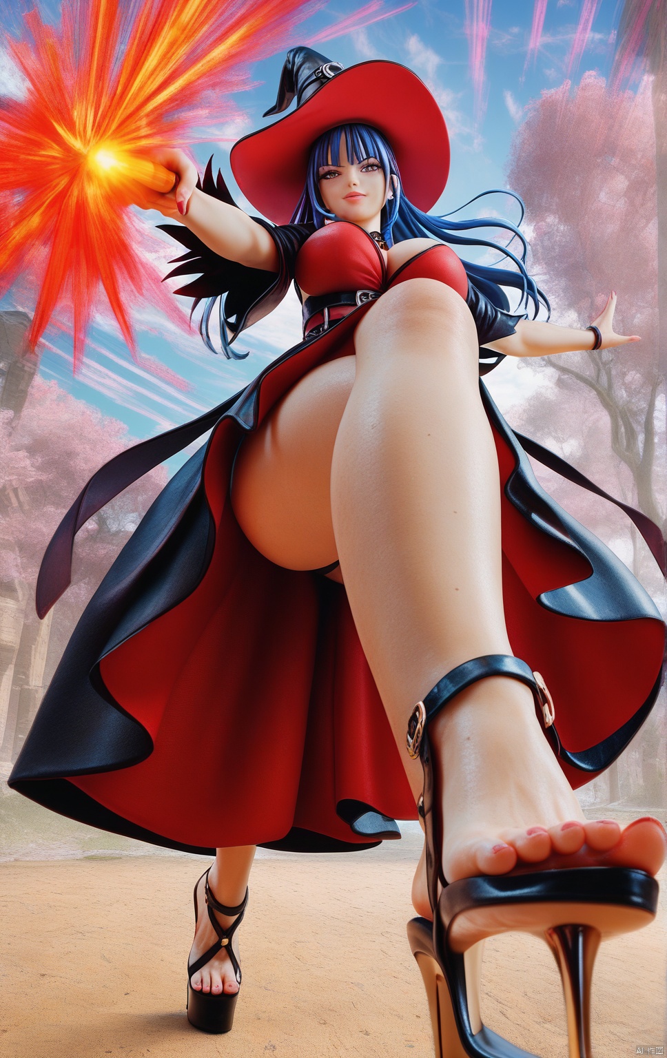 john kafka,close-up,foot focus, 1girl,huge_breasts,looking_at_viewer,tiptoes,fighting_stance,bents knees, witch_hat,expressive_clothes,slutty clothes,wide_sleeves,reaching arm,barefoot, plasma splatter,Energy Blast,slashing,,masterpiece, best quality, absurdres, newest, very aesthetic, amazing quality,highres,sensitive,score_9score_8_up score_7_up Sakimi chan,(BTHONG HEELS),PLATFORM FOOTWEAR