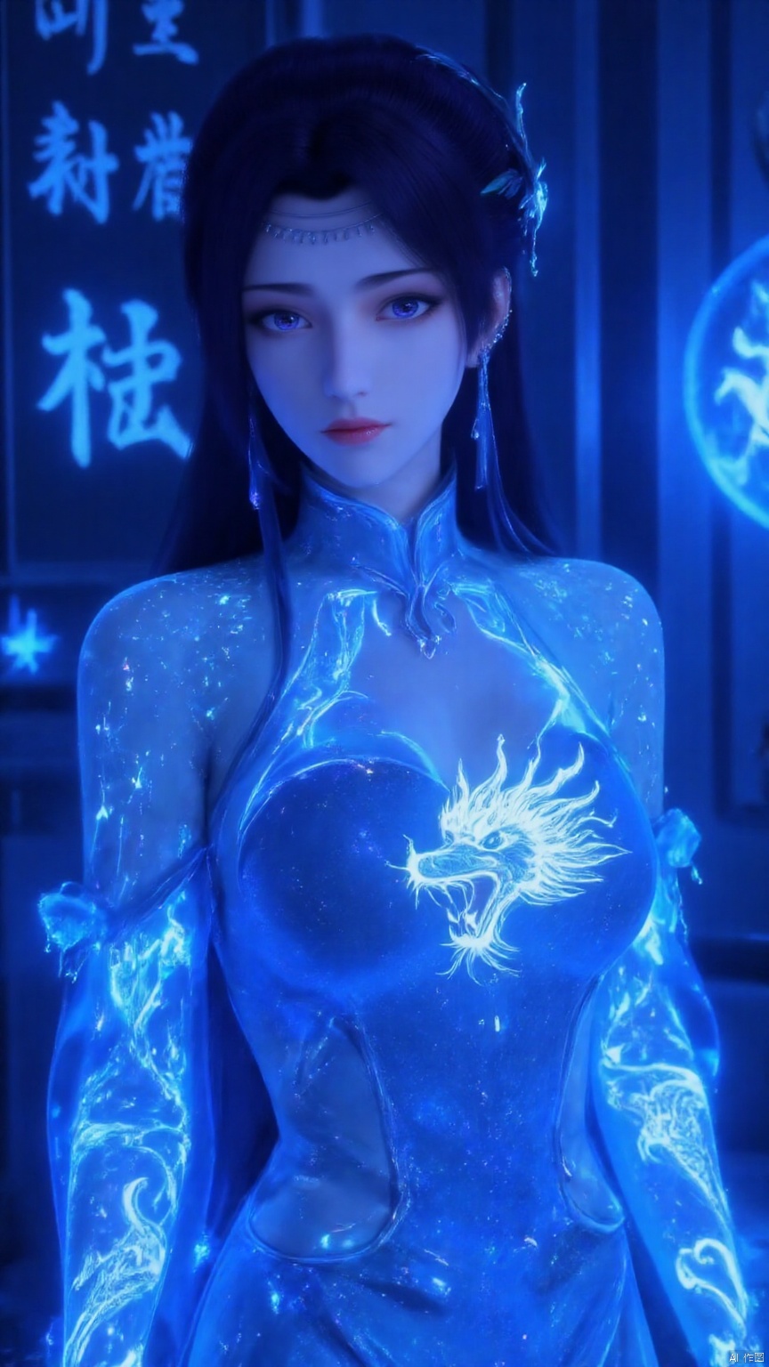 Close-up of an Asian woman with long dark hair. Wearing a blue strapless low-cut dress, her huge breasts were almost exposed and could barely be contained under the dress. There was a fluorescent Chinese dragon on her body. Her eyes are purple, the eyeballs are dark purple, and the whites of the eyes are dotted with some pink, giving people a deep and mysterious feeling. Her lips are a light pink color that matches the color of her eyes and adds a touch of softness and intimacy. The background is a wall covered with Chinese characters, and the overall image is a vibrant blue, which contrasts sharply with the women's clothing. The outfit features intricate patterns that add synthetic depth