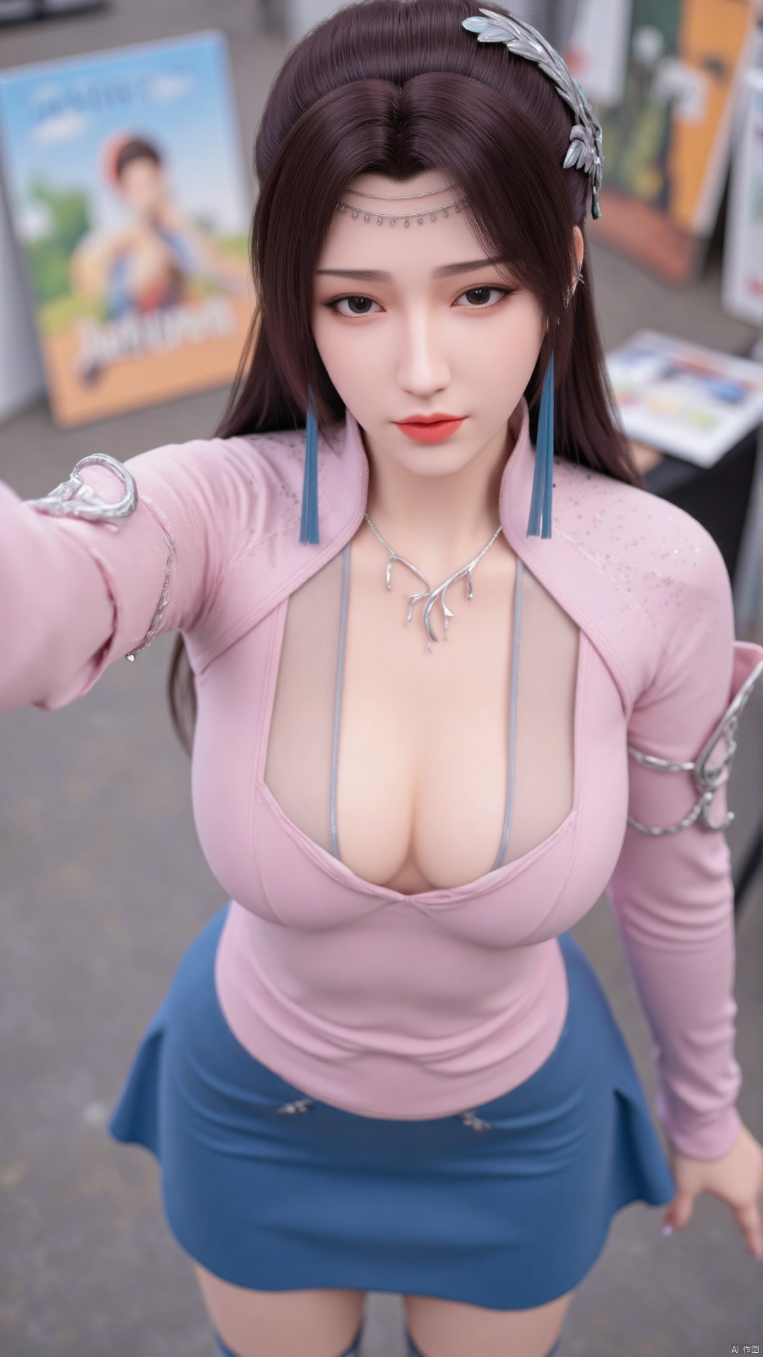 Masterpiece, best quality, high quality, (colorful), small chest, (white hair: 1.4), (long legs: 1.3), (thin legs: 1.3), Masterpiece, best quality, high quality, (colorful), small chest, (white hair: 1.4), (long legs: 1.3), (thin legs: 1.3), 1girl, bangs, blue_skirt, blurry, blurry_background, blurry_foreground, blush, book, breasts, brown_eyes, brown_hair, closed_mouth, collarbone, depth_of_field, eyebrows_visible_through_hair, long_sleeves, looking_at_viewer, mole, mole_under_eye, outstretched_arm, pink_sweater, selfie, skirt, smile, solo, sweater, thighhighs