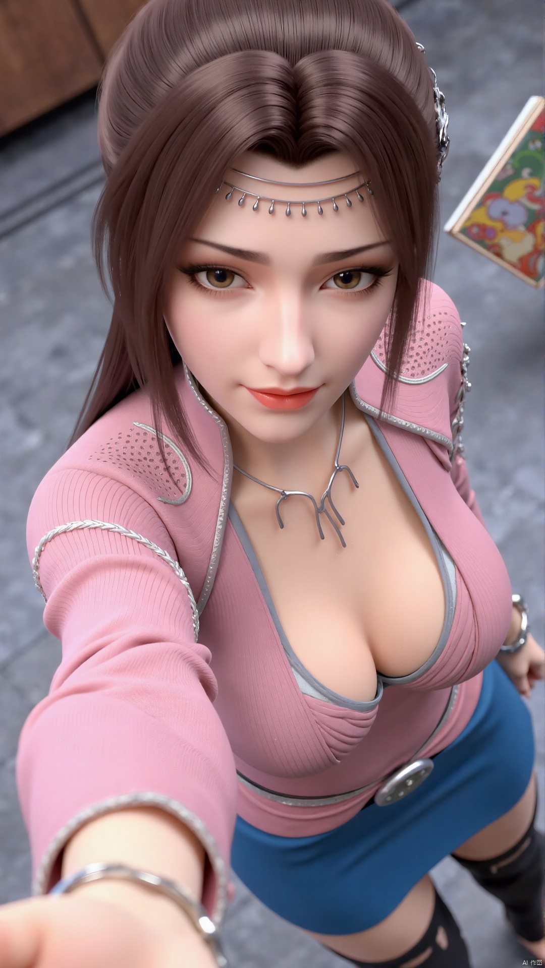 Masterpiece, best quality, high quality, (colorful), small chest, (white hair: 1.4), (long legs: 1.3), (thin legs: 1.3), Masterpiece, best quality, high quality, (colorful), small chest, (white hair: 1.4), (long legs: 1.3), (thin legs: 1.3), 1girl, bangs, blue_skirt, blurry, blurry_background, blurry_foreground, blush, book, breasts, brown_eyes, brown_hair, closed_mouth, collarbone, depth_of_field, eyebrows_visible_through_hair, long_sleeves, looking_at_viewer, mole, mole_under_eye, outstretched_arm, pink_sweater, selfie, skirt, smile, solo, sweater, thighhighs