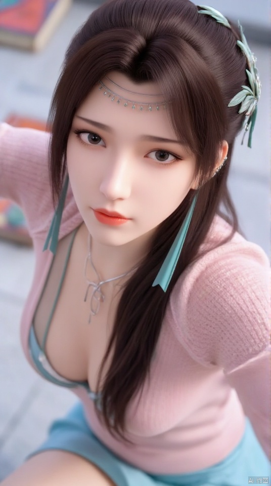 Masterpiece, best quality, high quality, (colorful), small chest, (white hair: 1.4), (long legs: 1.3), (thin legs: 1.3), Masterpiece, best quality, high quality, (colorful), small chest, (white hair: 1.4), (long legs: 1.3), (thin legs: 1.3), 1girl, bangs, blue_skirt, blurry, blurry_background, blurry_foreground, blush, book, breasts, brown_eyes, brown_hair, closed_mouth, collarbone, depth_of_field, eyebrows_visible_through_hair, long_sleeves, looking_at_viewer, mole, mole_under_eye, outstretched_arm, pink_sweater, selfie, skirt, smile, solo, sweater, thighhighs