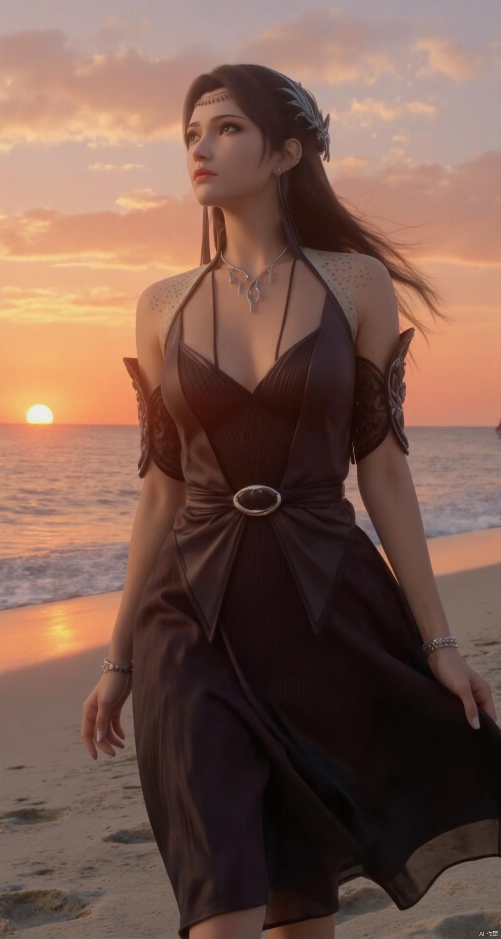 In a black off-shoulder dress, the beauty is walking on the beach, with the sea breeze gently blowing her skirt and hair, and the gorgeous sunset on the horizon.