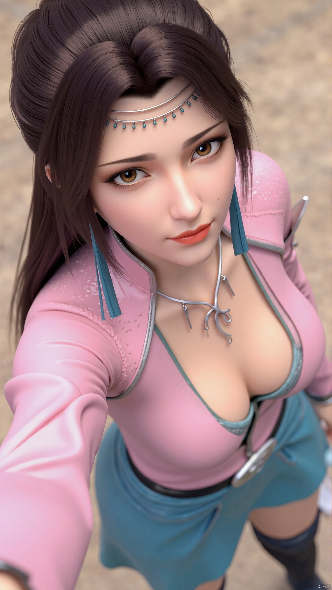 Masterpiece, best quality, high quality, (colorful), small chest, (white hair: 1.4), (long legs: 1.3), (thin legs: 1.3), Masterpiece, best quality, high quality, (colorful), small chest, (white hair: 1.4), (long legs: 1.3), (thin legs: 1.3), 1girl, bangs, blue_skirt, blurry, blurry_background, blurry_foreground, blush, book, breasts, brown_eyes, brown_hair, closed_mouth, collarbone, depth_of_field, eyebrows_visible_through_hair, long_sleeves, looking_at_viewer, mole, mole_under_eye, outstretched_arm, pink_sweater, selfie, skirt, smile, solo, sweater, thighhighs