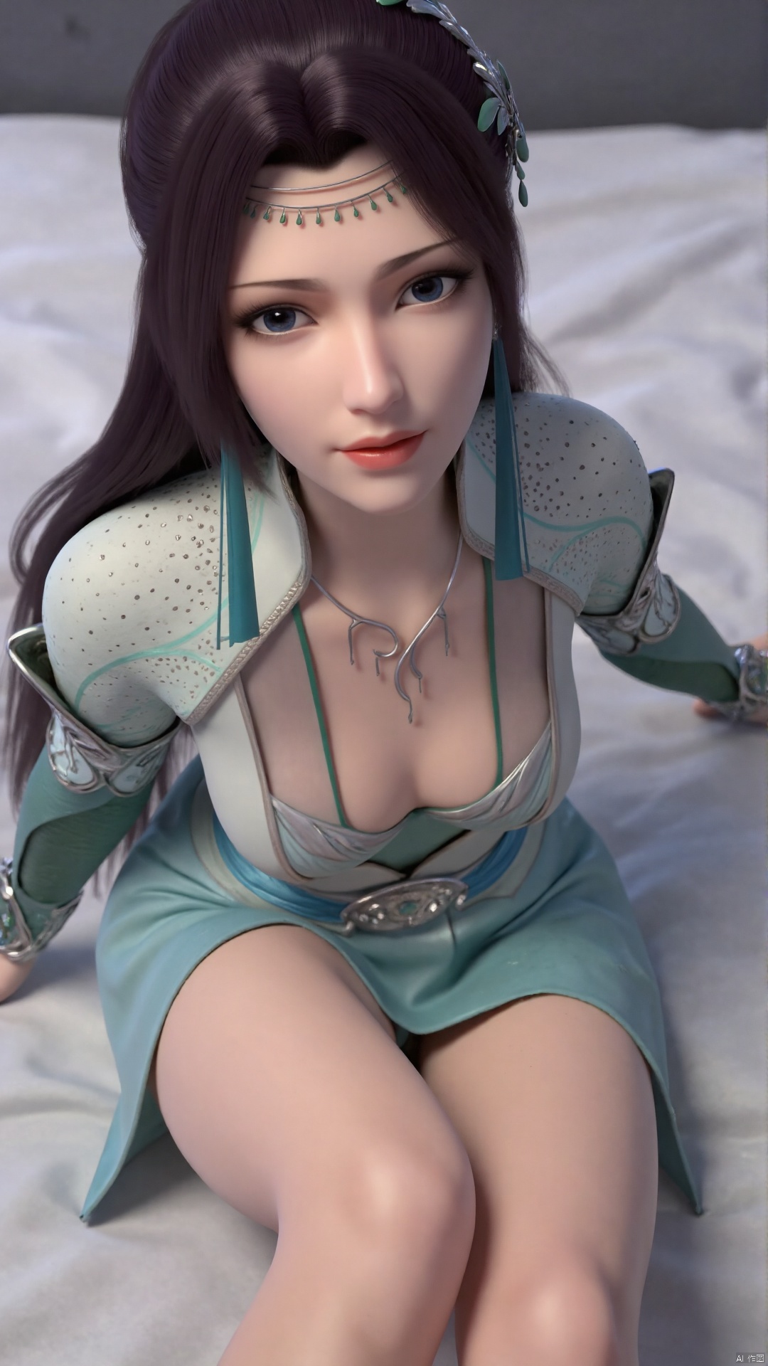 1girl, smile, close eyes, lip apart, long hair, bare legs, lying, perfect body, scenery, sharp focus, best quality, masterpiece, detailed outfit, illustration, realistic skin, intricate details, best lighting, depth of field, ultra high resolution, bed, from above