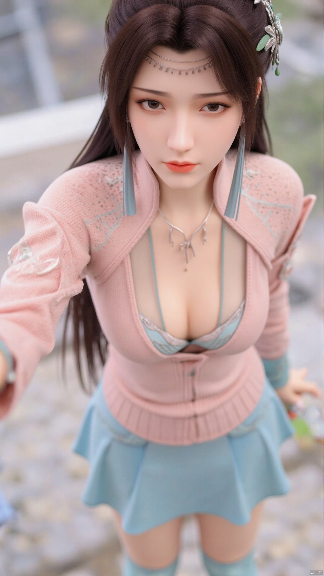 Masterpiece, best quality, high quality, (colorful), small chest, (white hair: 1.4), (long legs: 1.3), (thin legs: 1.3), Masterpiece, best quality, high quality, (colorful), small chest, (white hair: 1.4), (long legs: 1.3), (thin legs: 1.3), 1girl, bangs, blue_skirt, blurry, blurry_background, blurry_foreground, blush, book, breasts, brown_eyes, brown_hair, closed_mouth, collarbone, depth_of_field, eyebrows_visible_through_hair, long_sleeves, looking_at_viewer, mole, mole_under_eye, outstretched_arm, pink_sweater, selfie, skirt, smile, solo, sweater, thighhighs