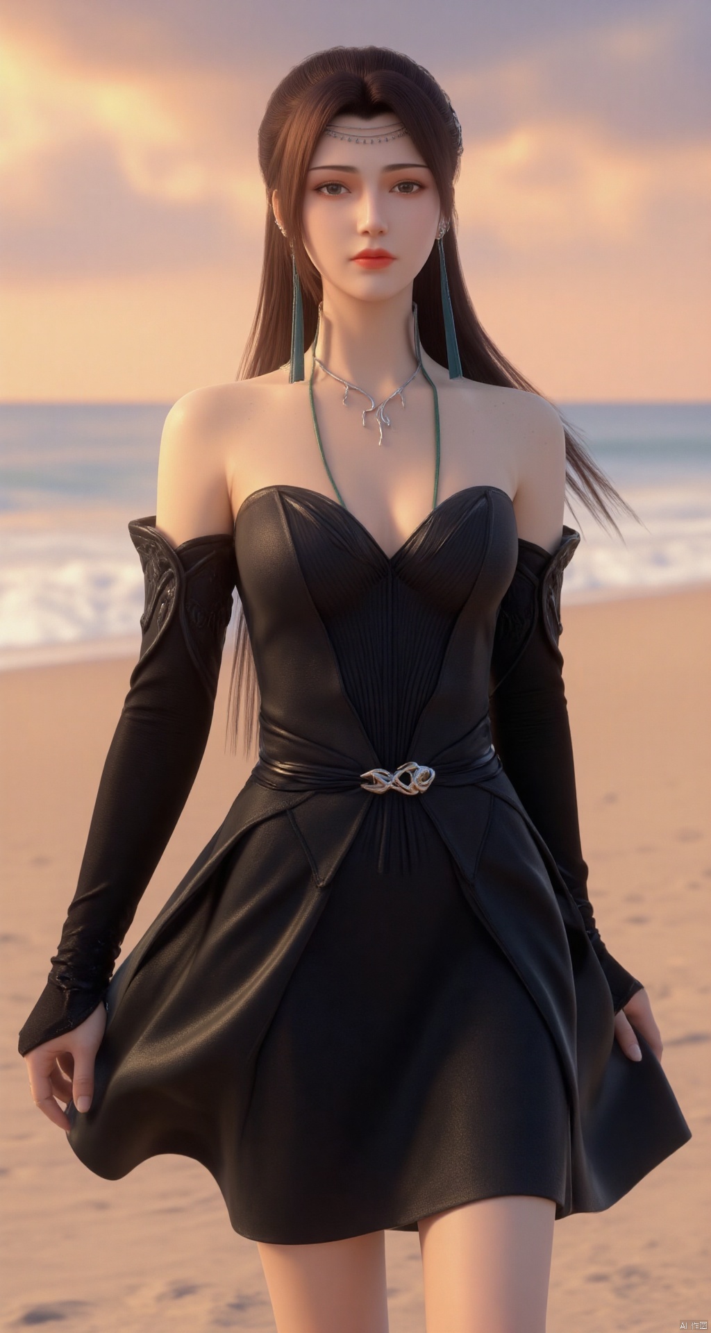In a black off-shoulder dress, the beauty is walking on the beach, with the sea breeze gently blowing her skirt and hair, and the gorgeous sunset on the horizon.