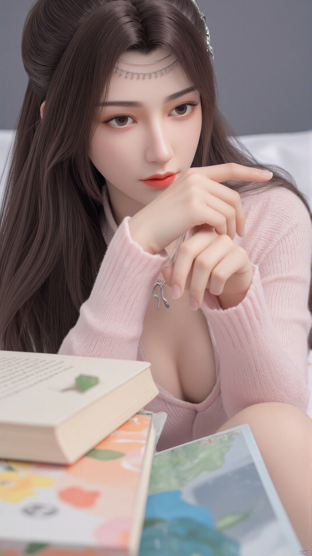 Masterpiece, best quality, high quality, (colorful), small chest, (white hair: 1.4), (long legs: 1.3), (thin legs: 1.3), Masterpiece, best quality, high quality, (colorful), small chest, (white hair: 1.4), (long legs: 1.3), (thin legs: 1.3), 1girl, bangs, blue_skirt, blurry, blurry_background, blurry_foreground, blush, book, breasts, brown_eyes, brown_hair, closed_mouth, collarbone, depth_of_field, eyebrows_visible_through_hair, long_sleeves, looking_at_viewer, mole, mole_under_eye, outstretched_arm, pink_sweater, selfie, skirt, smile, solo, sweater, thighhighs