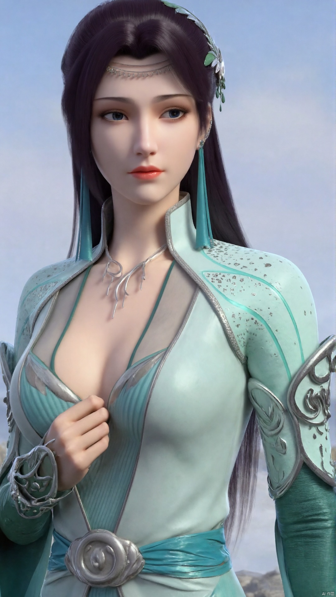 yunyun, This is a highly detailed CGI rendering of a young woman with an ethereal, almost mythical appearance. She has fair skin and long, flowing dark hair adorned with a delicate, leaf-like hair accessory. Her eyes are large and almond-shaped, with a serene expression. She wears a regal, flowing gown in a soft mint-green color with intricate silver embellishments, including a high collar and decorative elements that resemble feathers. The gown has a high neckline and is adorned with silver, ornate patterns and a matching tiara. She has a delicate, elegant posture, with her hands clasped together in front of her, and a subtle, almost melancholic expression. The background is a soft, gradient sky with a hint of a distant landscape, which enhances the ethereal and otherworldly feel of the scene. The overall texture and shading of the image are highly realistic, with smooth, glossy surfaces on the woman's gown and a soft, diffused lighting that accentuates her features and the fabric's texture. The image is a blend of fantasy and realism, with a focus on detailed, lifelike textures and an enchanting, almost dreamlike atmosphere.