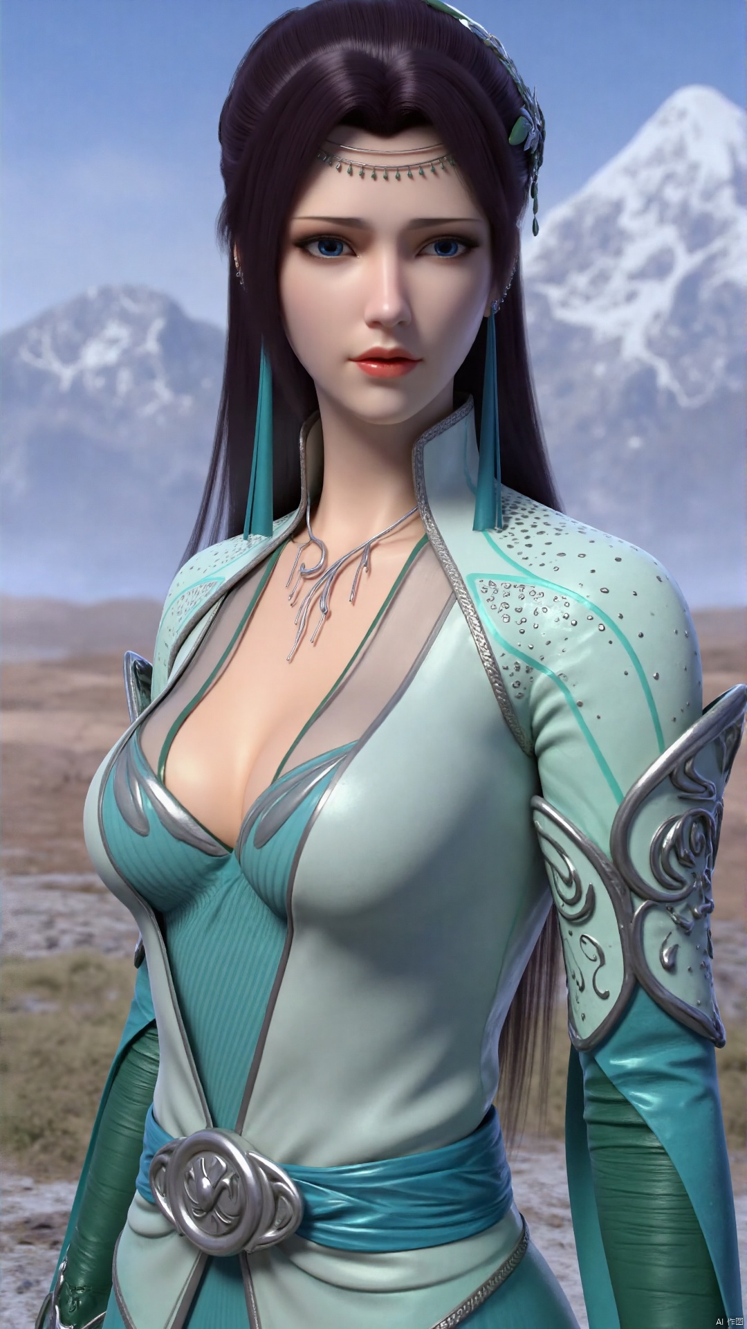 yunyun, This image is a highly detailed CGI rendering of a young Asian woman with a serene, elegant demeanor. She has a fair complexion and long, straight, dark brown hair adorned with a delicate, leaf-like hair accessory. Her eyes are a striking blue, framed by thick, dark lashes, and her lips are full and slightly parted, giving her a gentle, almost melancholic expression. 
She is dressed in a flowing, ethereal gown in shades of teal and white, with intricate, ornate designs on the sleeves and shoulders. The dress is adorned with silver embellishments, including a prominent, intricately designed silver belt at the waist. The fabric has a soft, silky texture, and the dress flows gracefully, emphasizing her slender figure. 
In the background, there is a serene, mountainous landscape with snow-capped peaks and a clear, blue sky, suggesting a cold, high-altitude environment. The ground is a mix of brown and green, possibly indicating a grassy or rocky terrain. The overall scene is tranquil and picturesque, with a subtle blend of fantasy and realism. The image is highly polished, with a realistic, lifelike quality that enhances the sense of depth and texture.