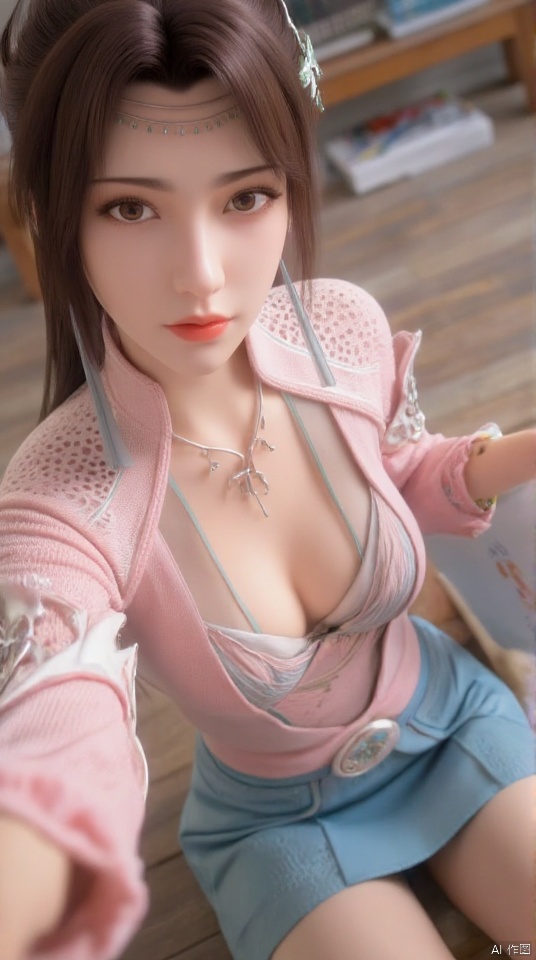 Masterpiece, best quality, high quality, (colorful), small chest, (white hair: 1.4), (long legs: 1.3), (thin legs: 1.3), Masterpiece, best quality, high quality, (colorful), small chest, (white hair: 1.4), (long legs: 1.3), (thin legs: 1.3), 1girl, bangs, blue_skirt, blurry, blurry_background, blurry_foreground, blush, book, breasts, brown_eyes, brown_hair, closed_mouth, collarbone, depth_of_field, eyebrows_visible_through_hair, long_sleeves, looking_at_viewer, mole, mole_under_eye, outstretched_arm, pink_sweater, selfie, skirt, smile, solo, sweater, thighhighs